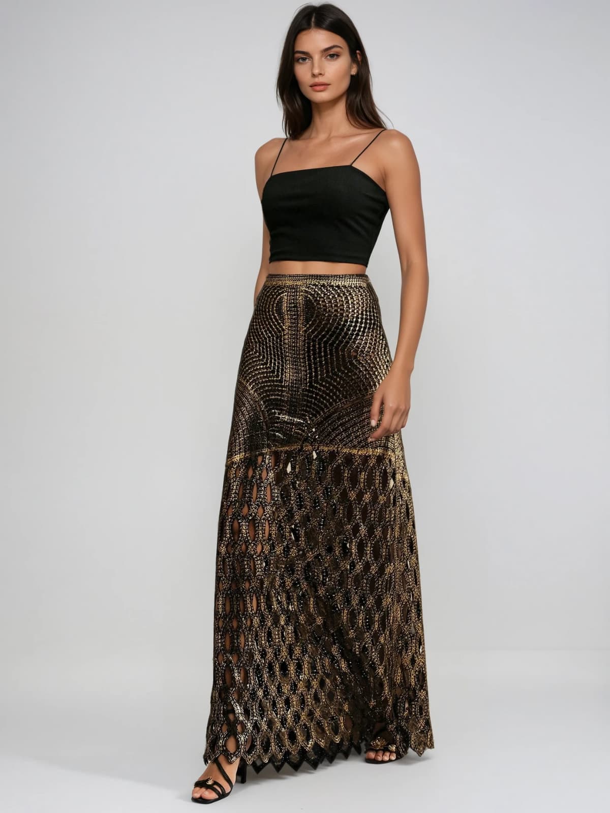 Leldrin Cutout Metallic Skirt In Black & Gold
