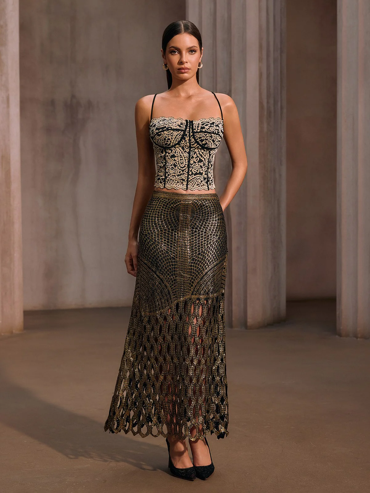 Leldrin Cutout Metallic Skirt In Black & Gold - Image 8