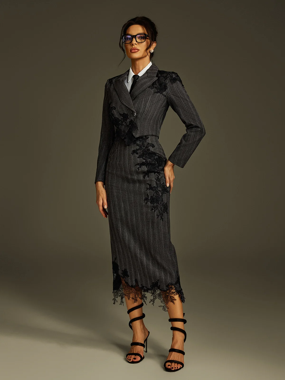 Liselle Lace Stripe Blazer Skirt Set - Image 4