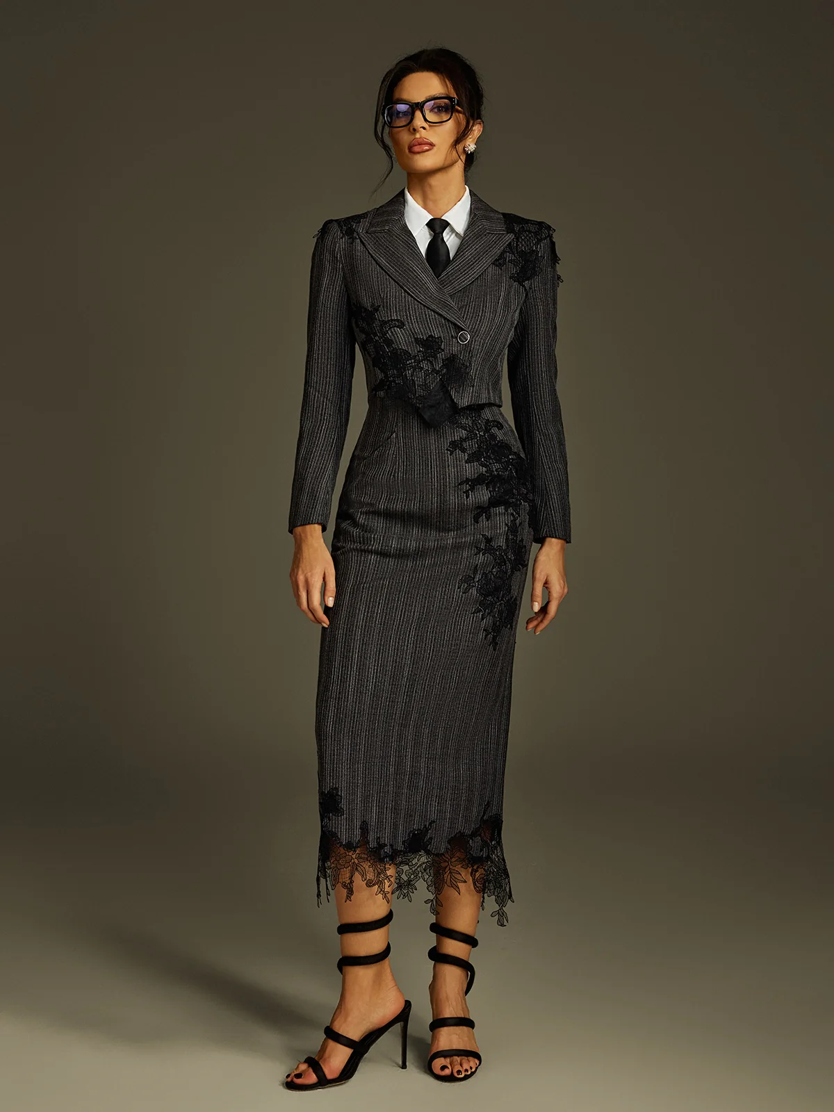 Liselle Lace Stripe Blazer Skirt Set - Image 5
