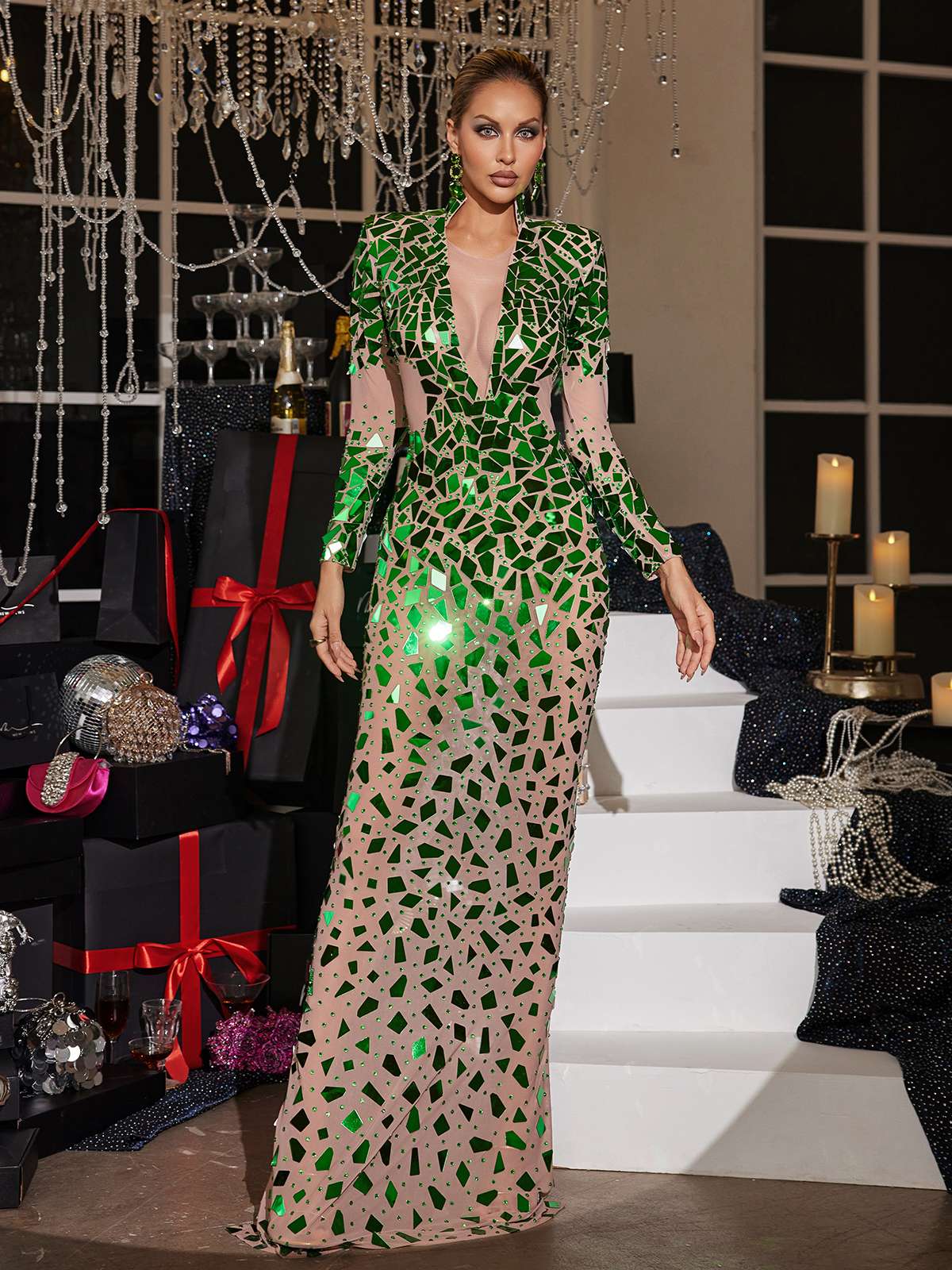Livine Acrylic Embellished Mesh Maxi Dress - Image 4
