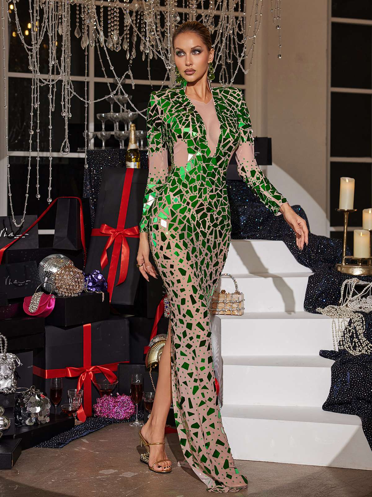 Livine Acrylic Embellished Mesh Maxi Dress - Image 5