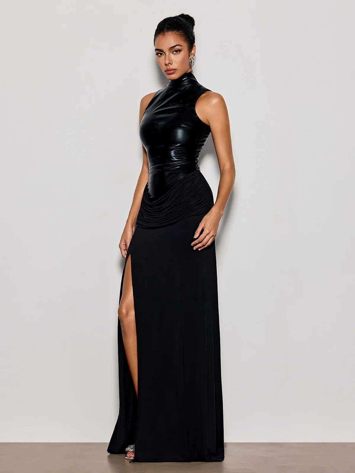 Lixora High Neck Split Leather Maxi Dress - Image 4