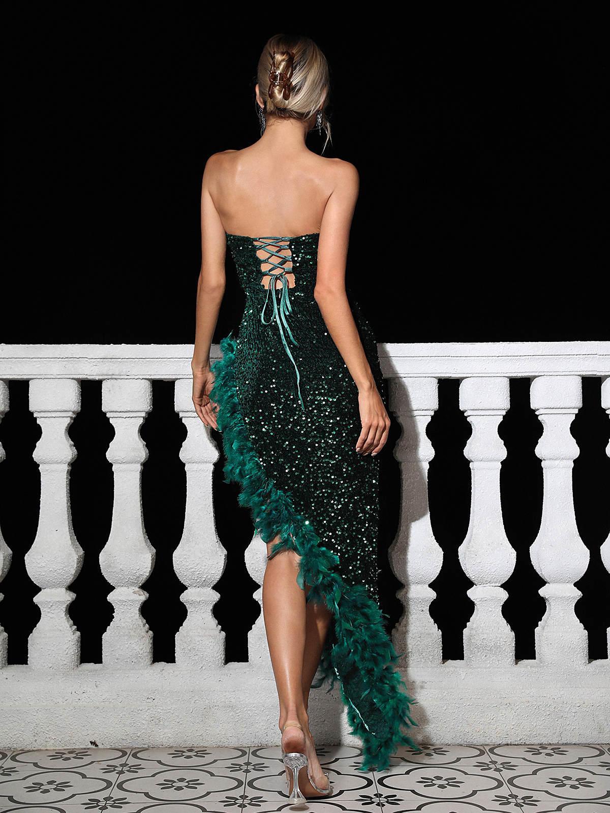 Lois Strapless Sequin Feather Trimmed Maxi Dress In Emerald - Image 7