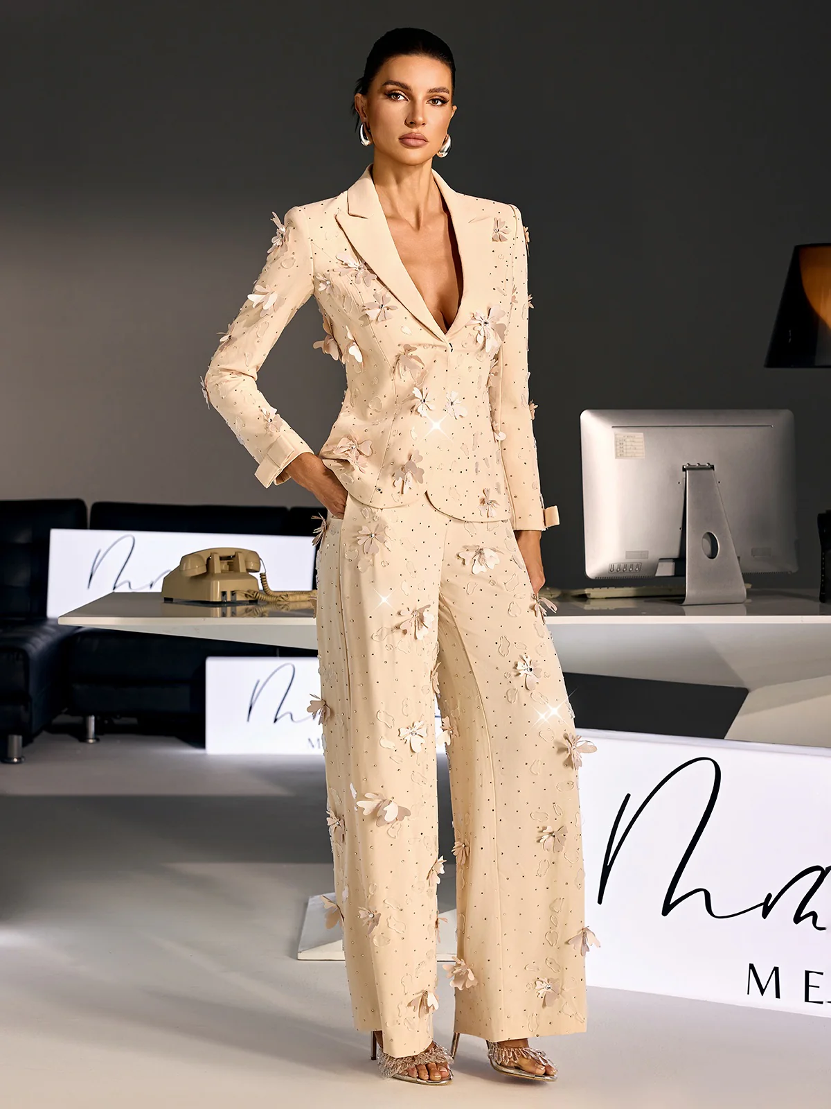 Loryndal Rhinestone Flower Blazer Pants Set - Image 5