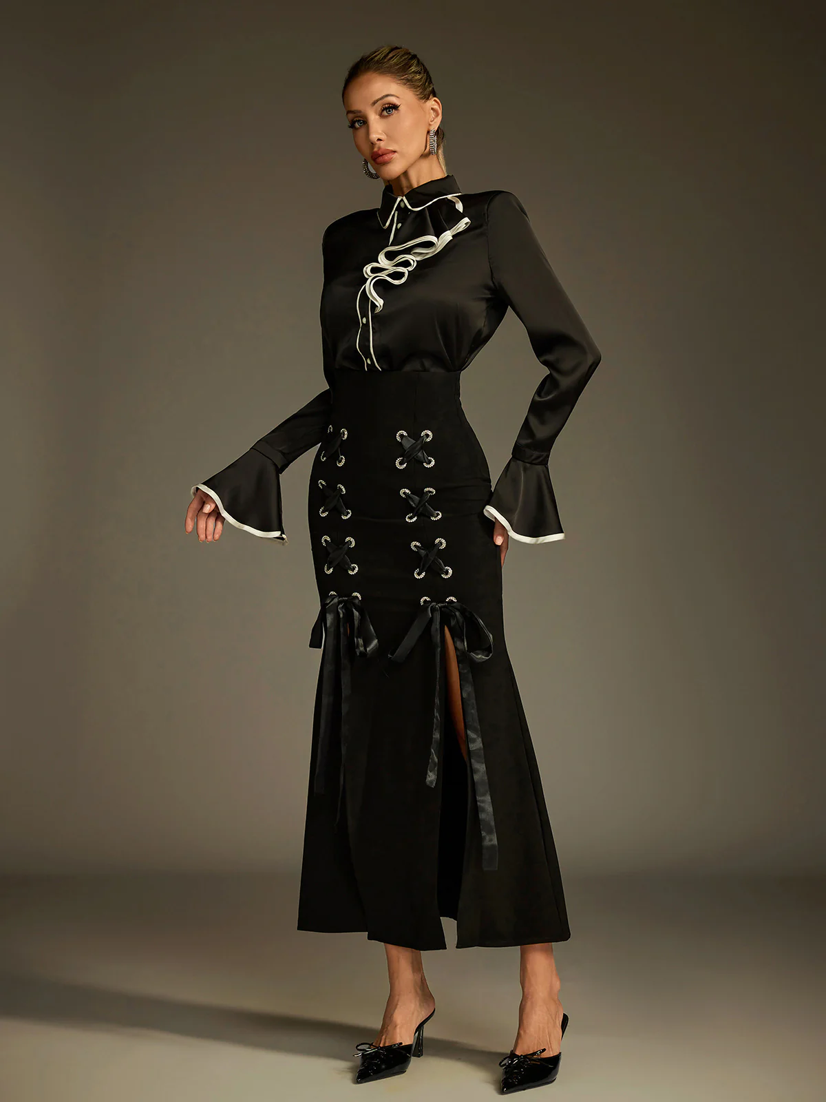 Ludwig Flare Sleeve Lace Up Skirt Set - Image 2