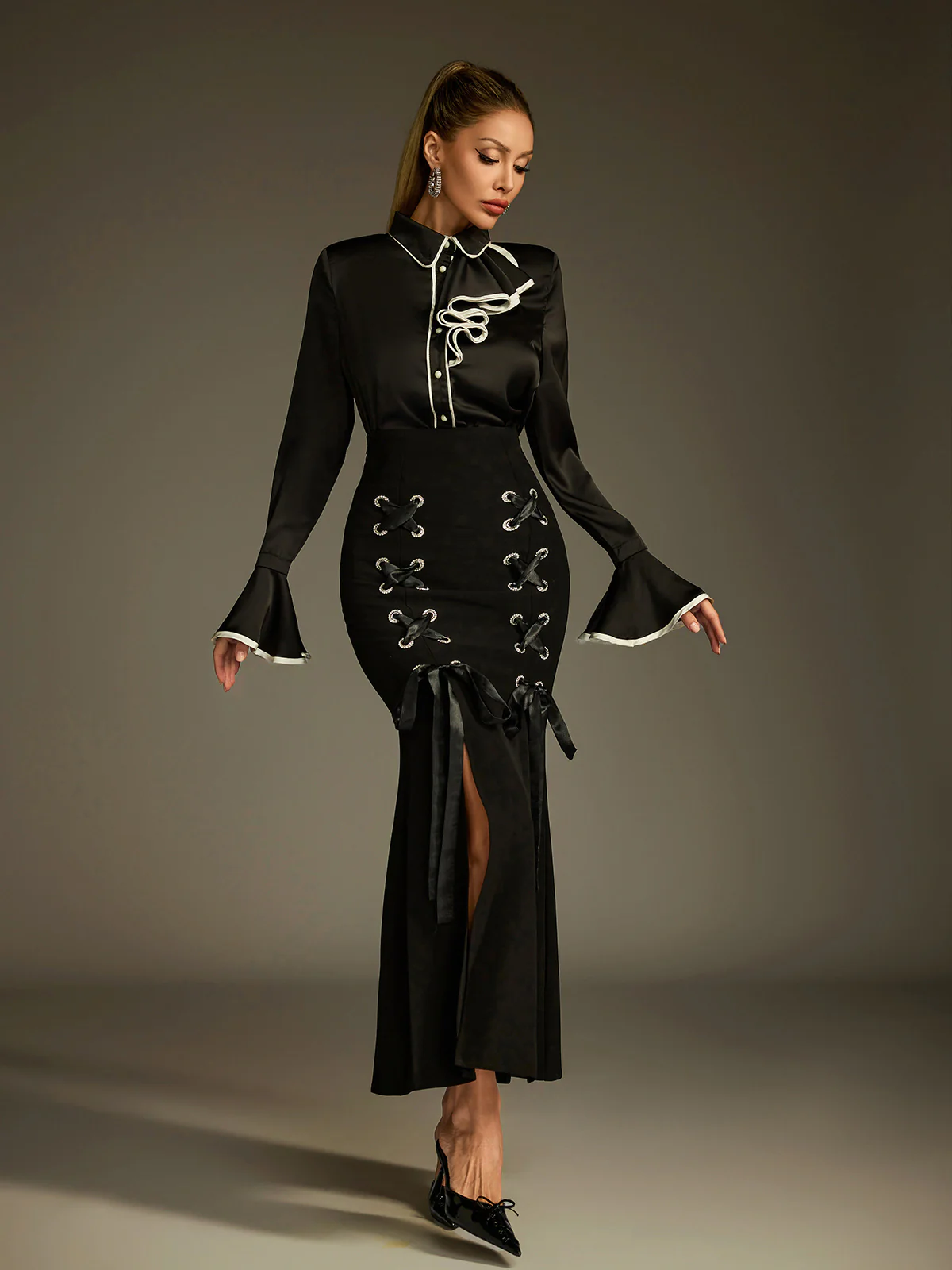 Ludwig Flare Sleeve Lace Up Skirt Set - Image 4