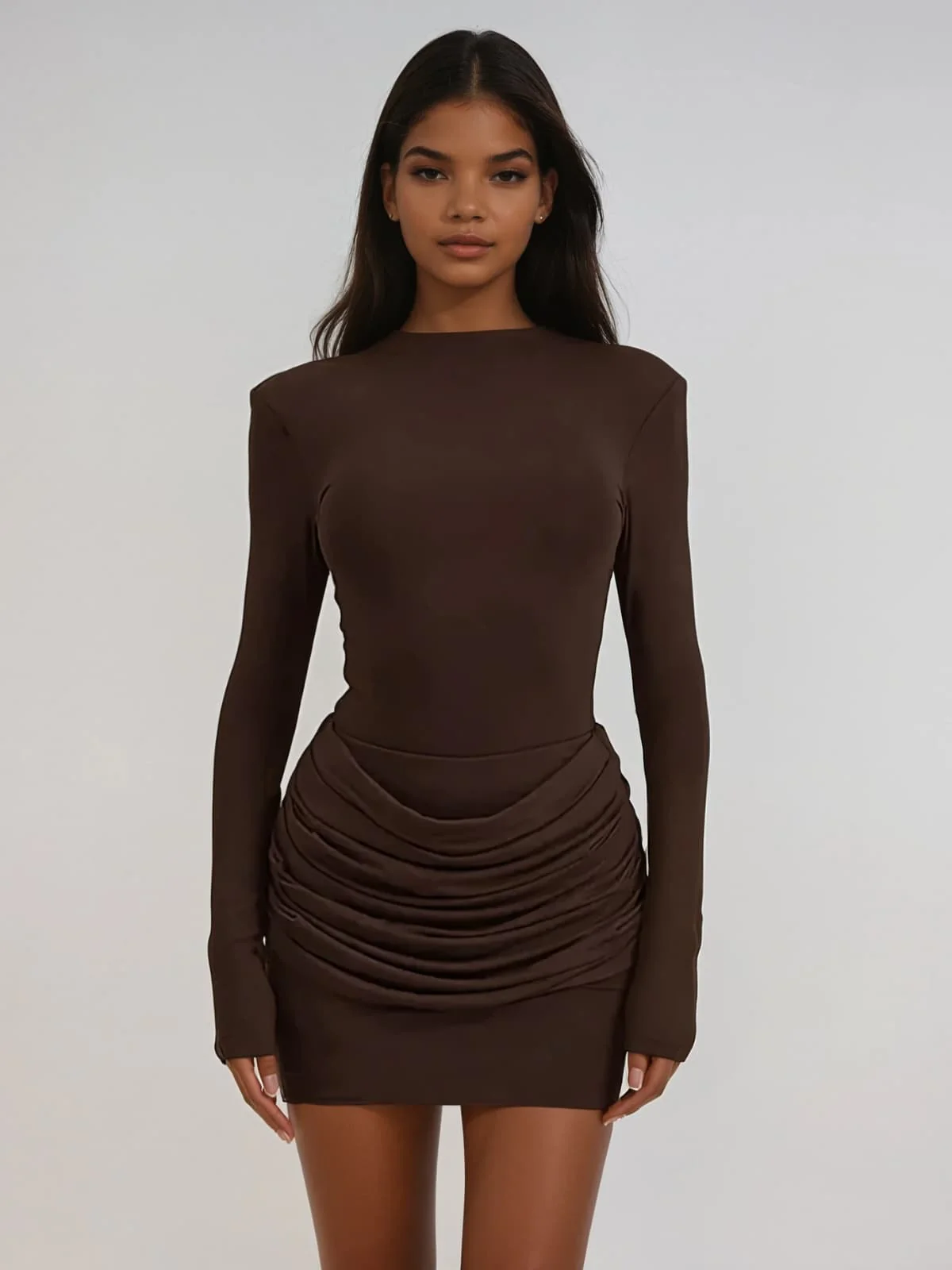 Lyubov Long Sleeve Ruched Dress In Brown - Image 2