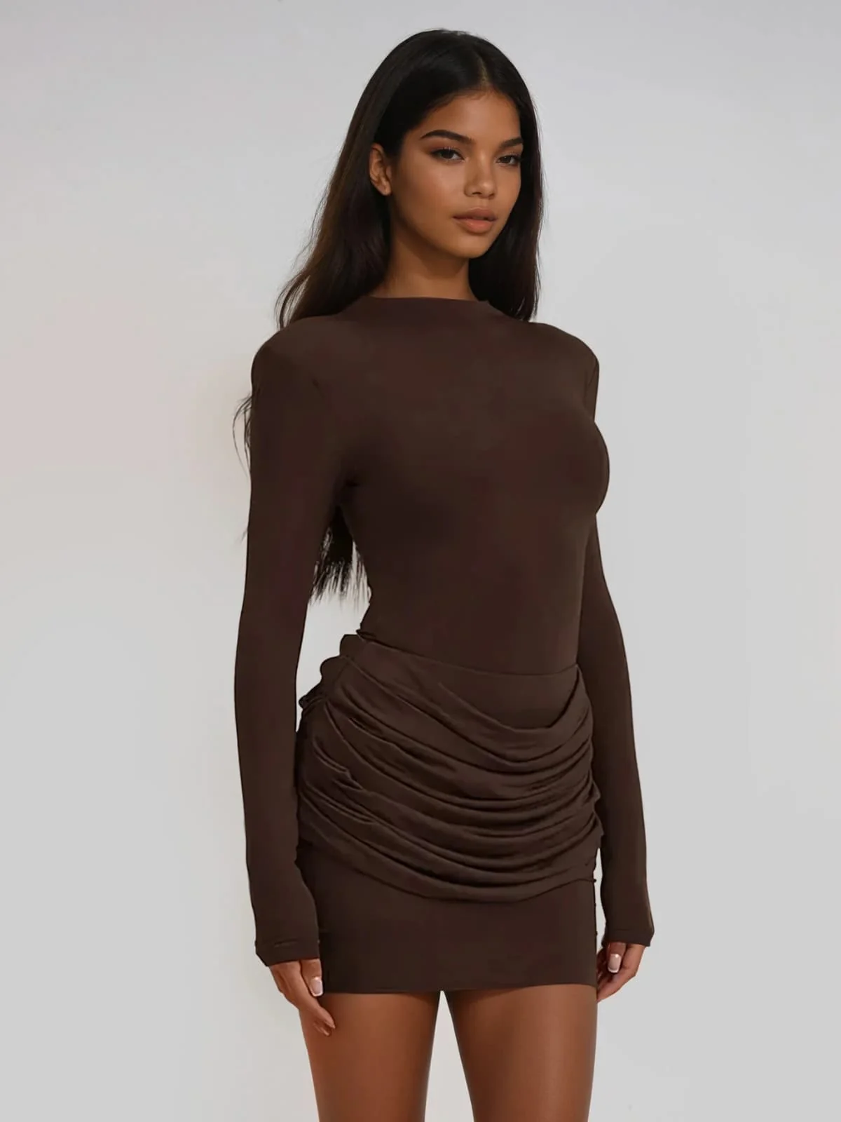 Lyubov Long Sleeve Ruched Dress In Brown - Image 3