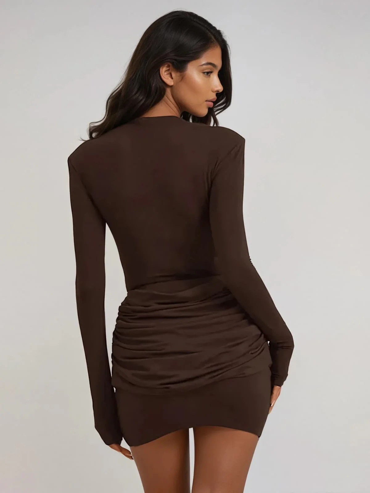 Lyubov Long Sleeve Ruched Dress In Brown - Image 4