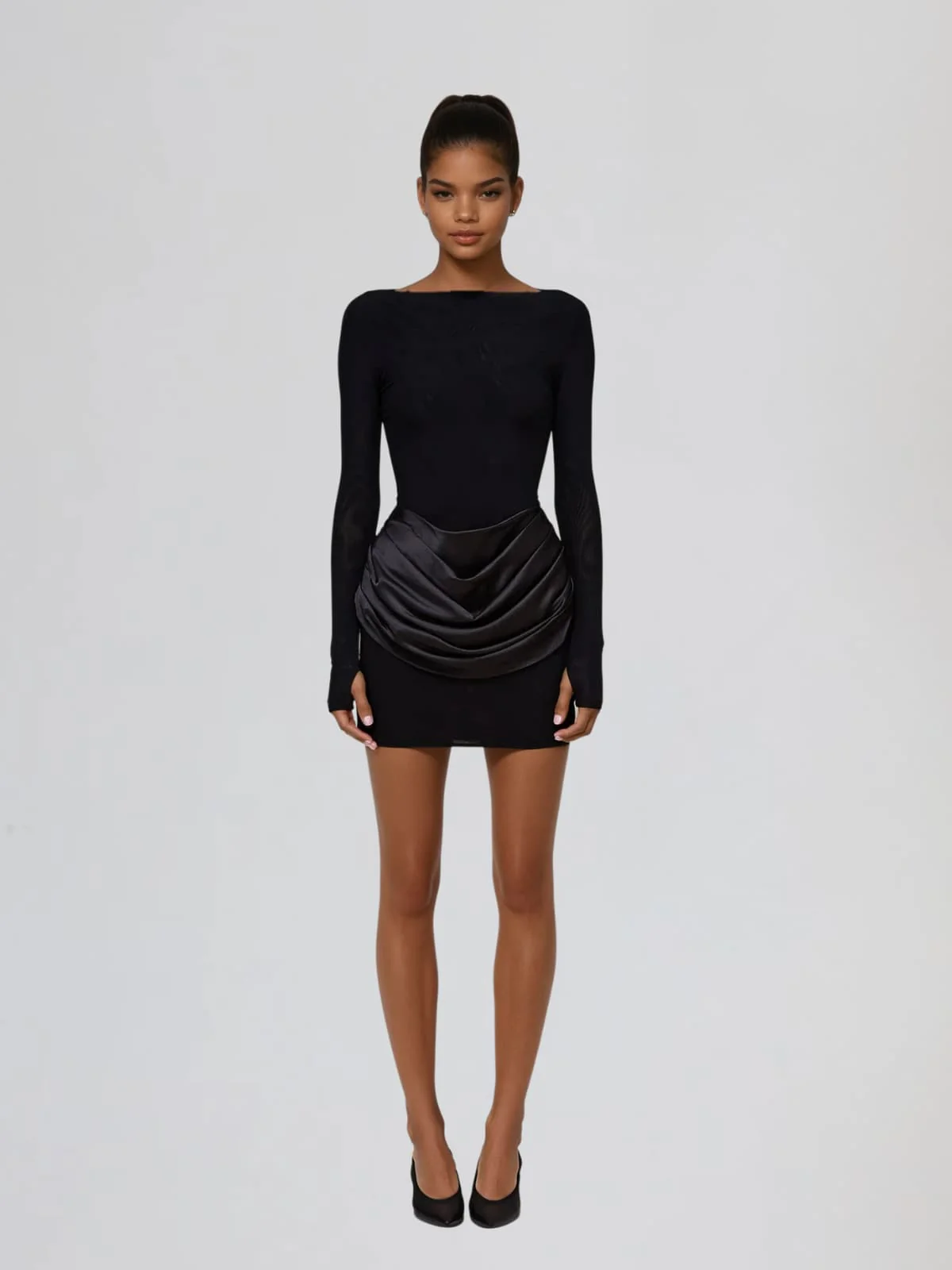 Lyusya Long Sleeve Ruched Dress In Black - Image 3