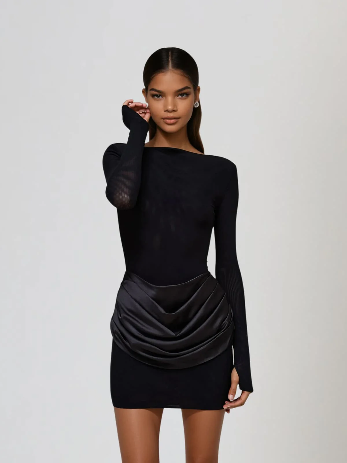Lyusya Long Sleeve Ruched Dress In Black - Image 4
