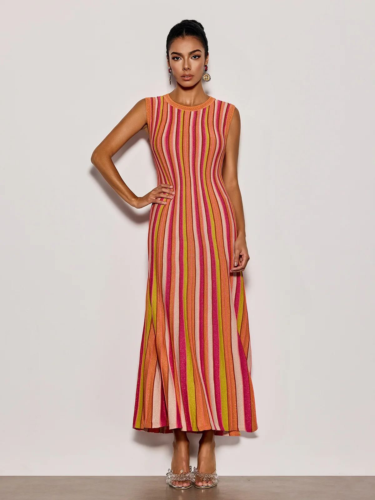 Malyxa Sleeveless Stripe Knit Midi Dress In Orange