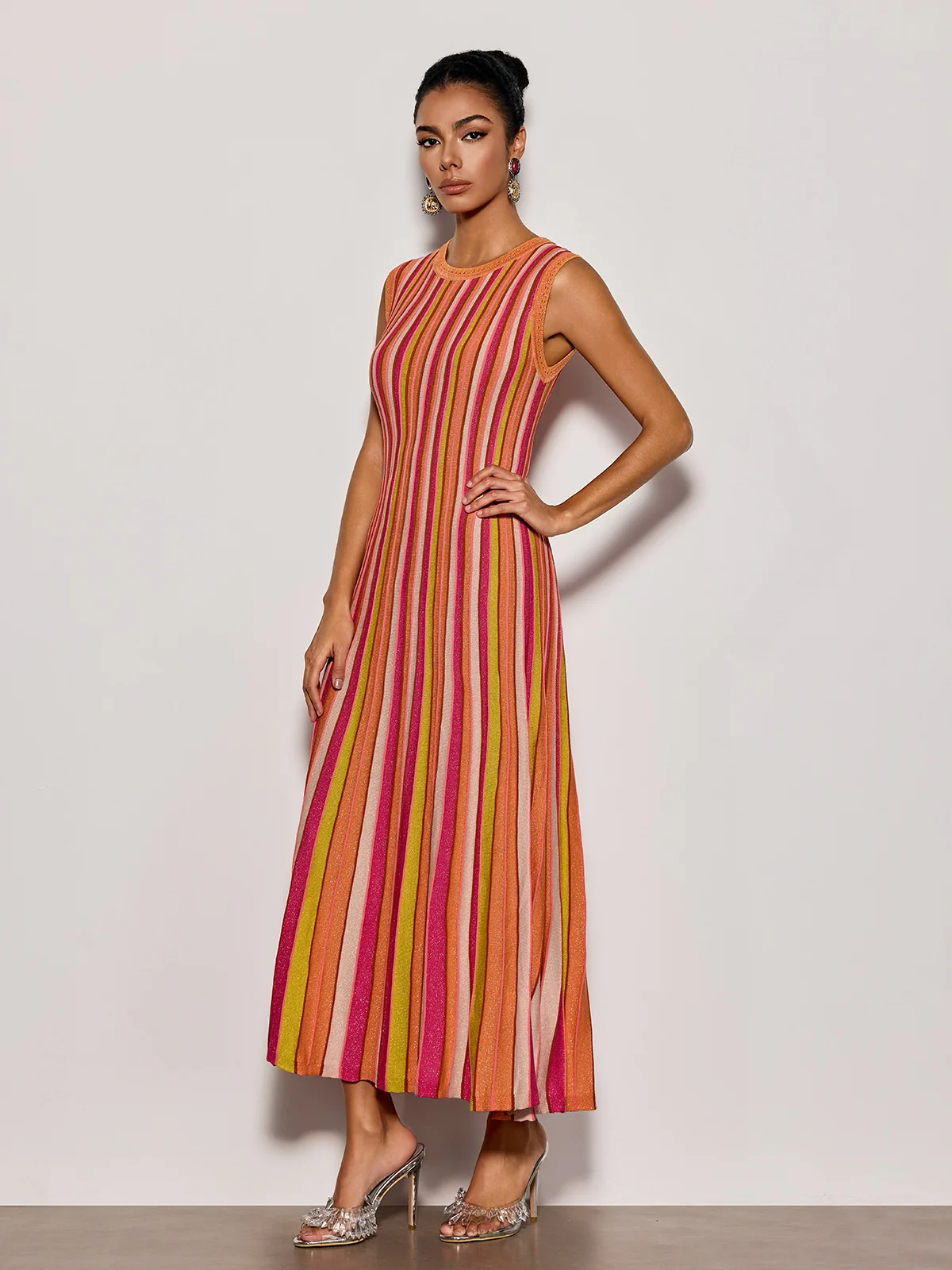 Malyxa Sleeveless Stripe Knit Midi Dress In Orange - Image 2