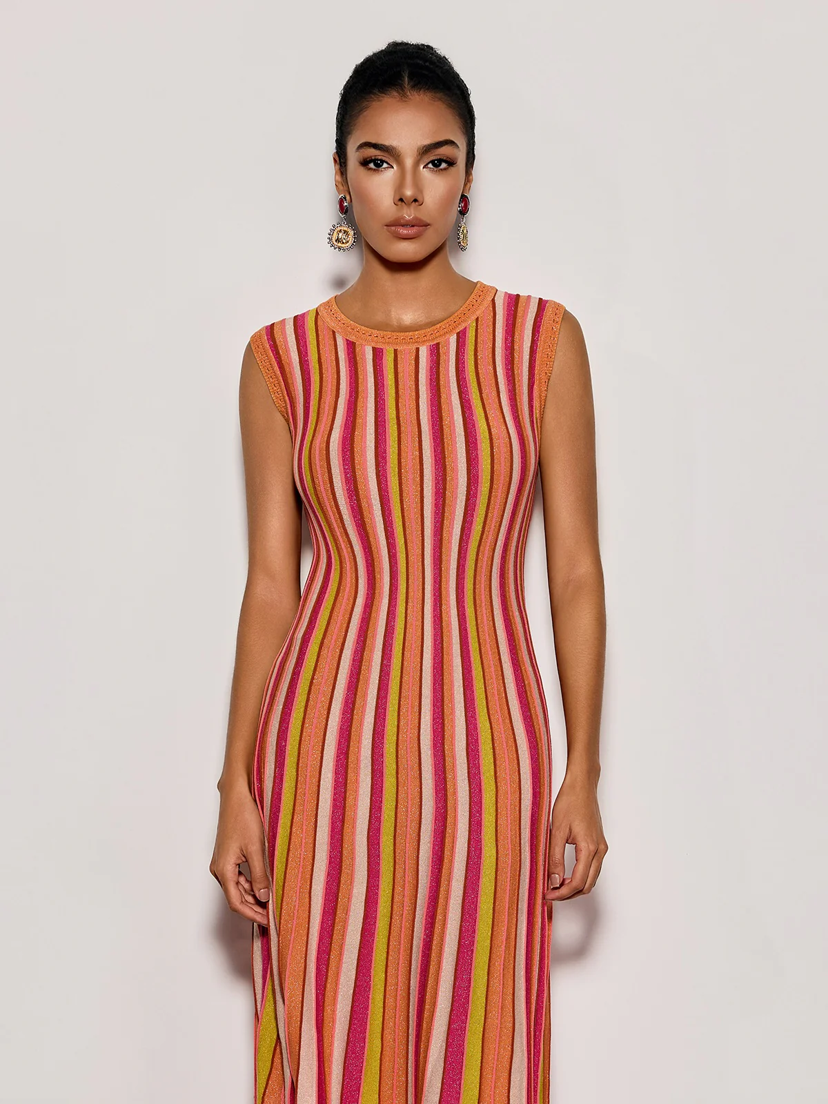 Malyxa Sleeveless Stripe Knit Midi Dress In Orange - Image 3