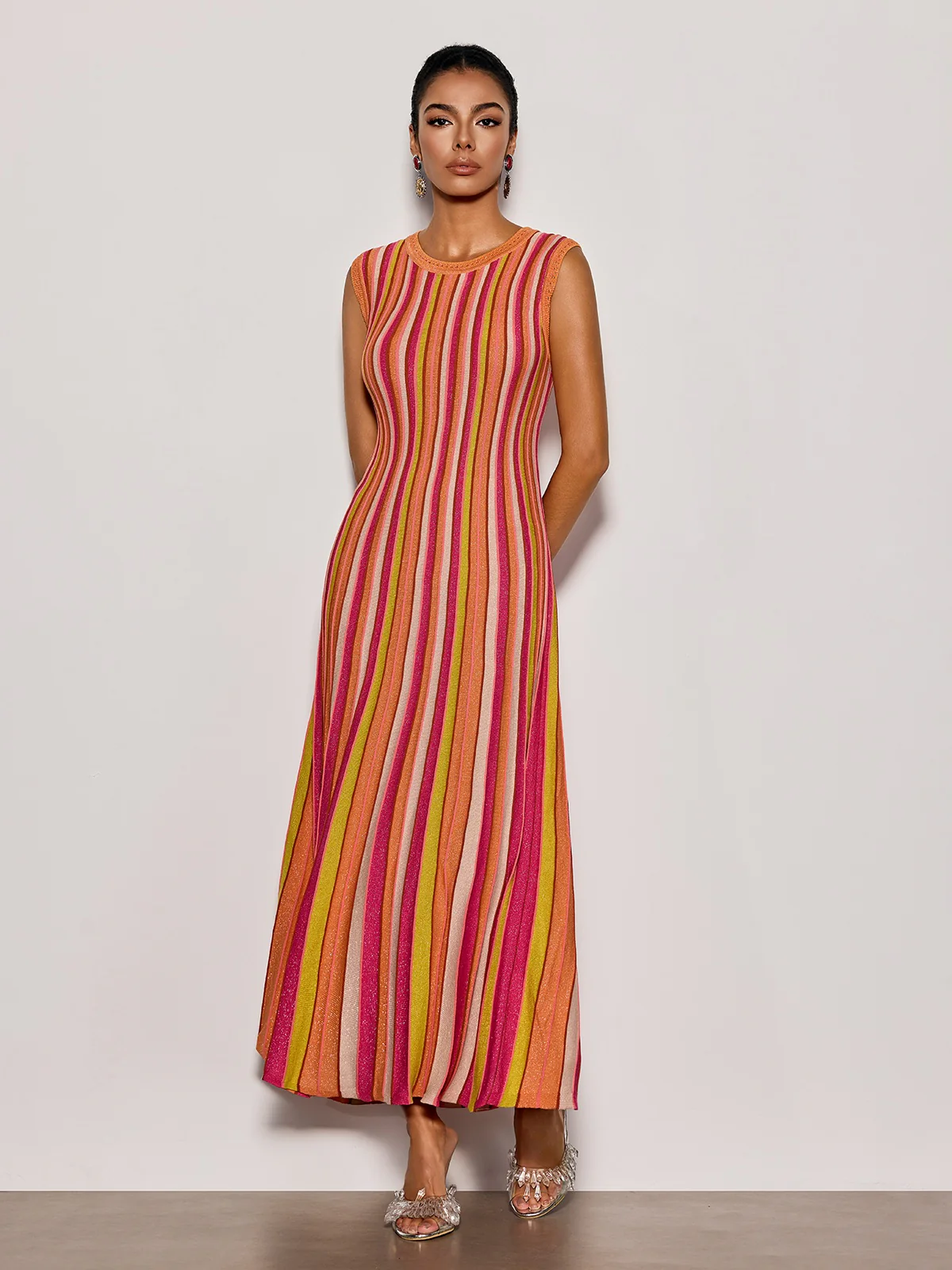 Malyxa Sleeveless Stripe Knit Midi Dress In Orange - Image 4