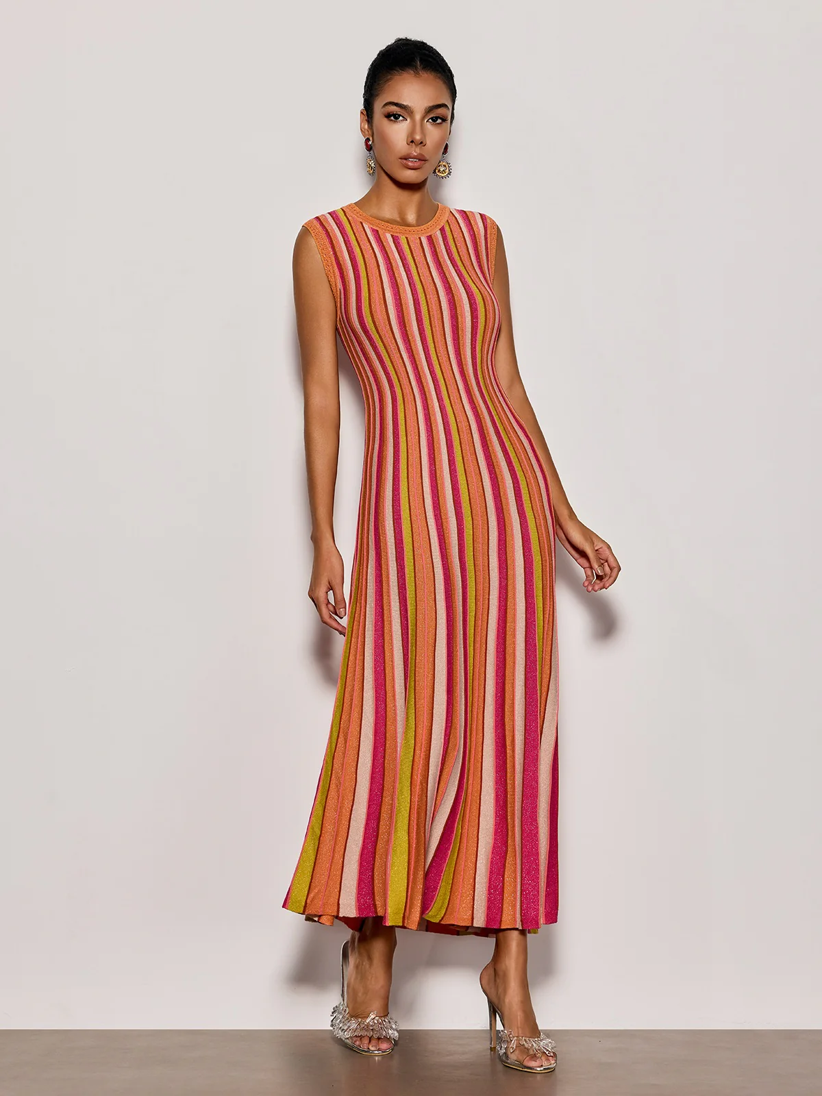 Malyxa Sleeveless Stripe Knit Midi Dress In Orange - Image 5