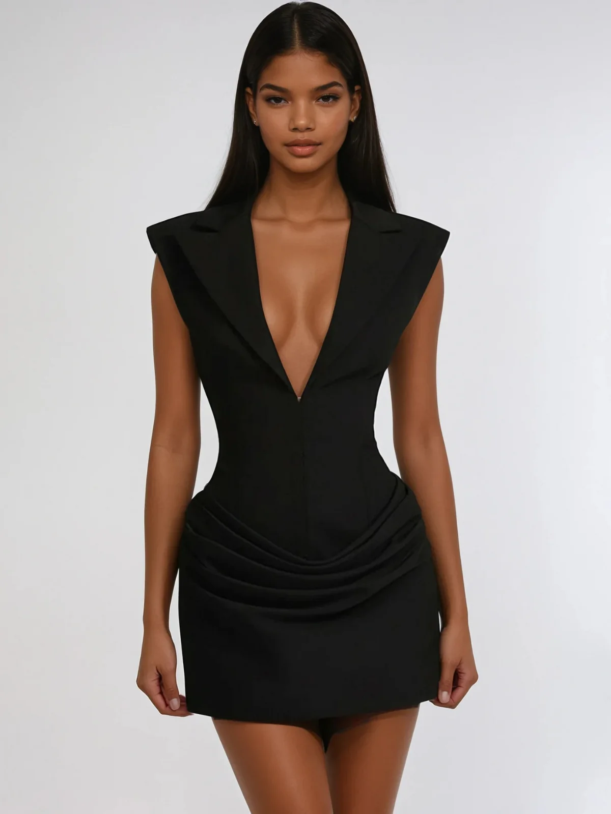 Mapiya Plunge Neck Ruched Mini Dress In Black