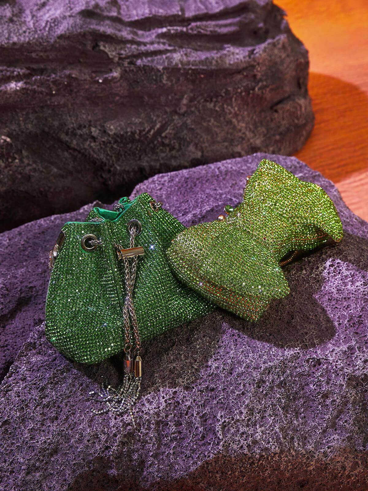 Mattea Crystal Embellished Bucket Bag In Green - Image 4