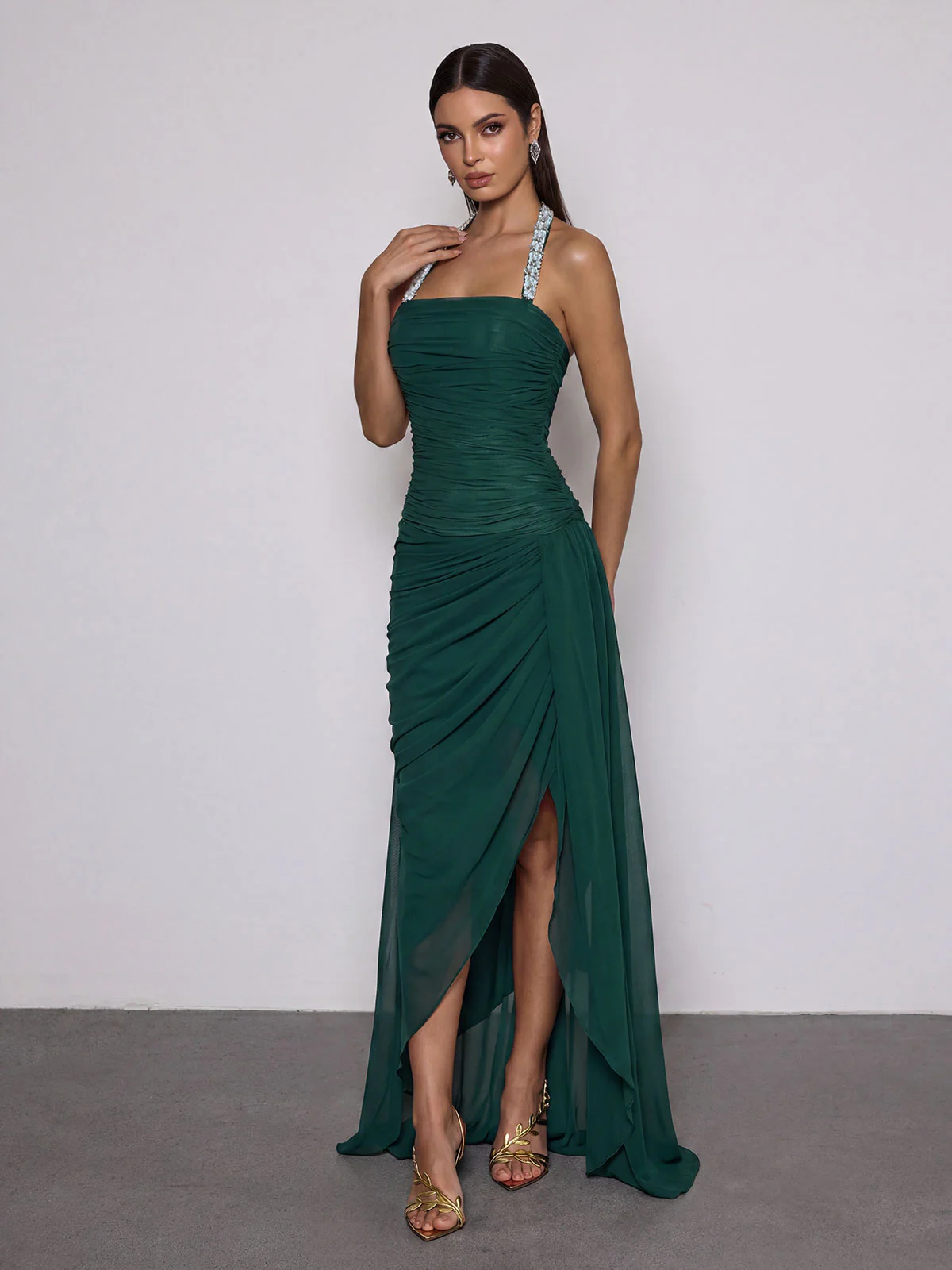Melvora Halterneck Crystal Ruched Maxi Dress - Image 2