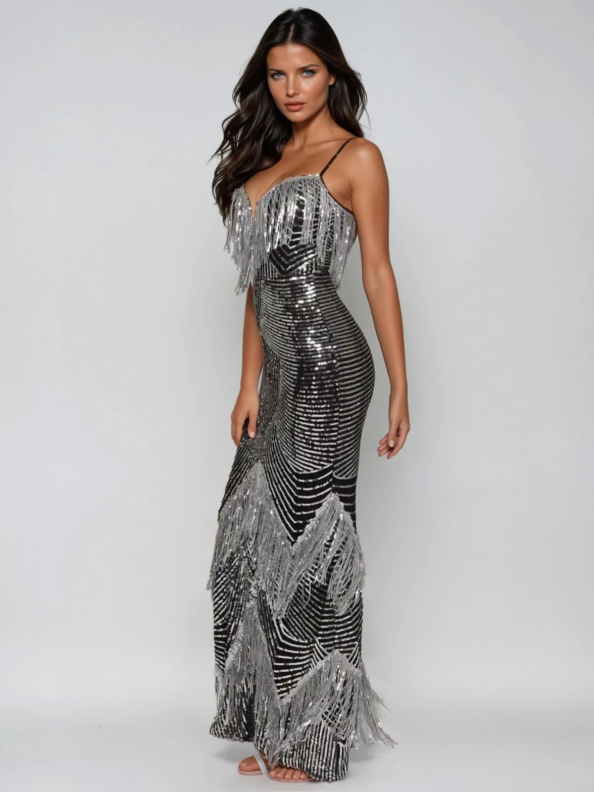 Mirabile Spaghetti Fringe Sequin Maxi Dress - Image 4