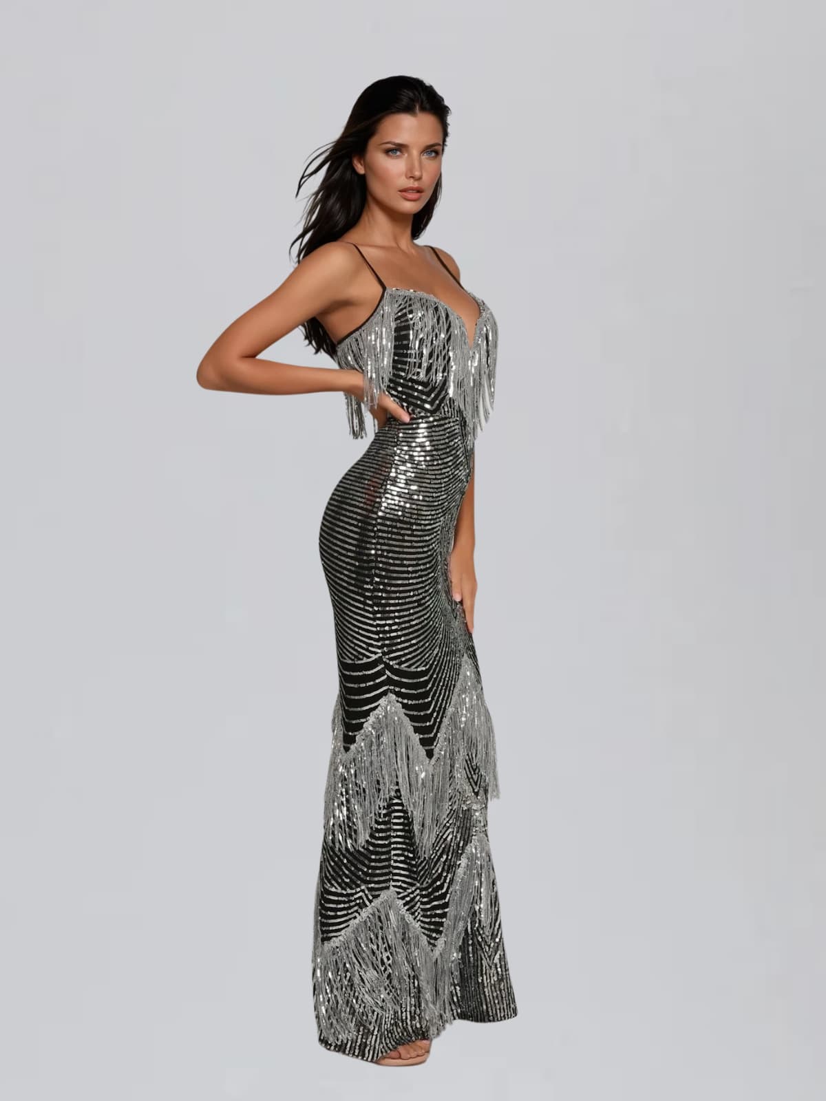 Mirabile Spaghetti Fringe Sequin Maxi Dress - Image 5