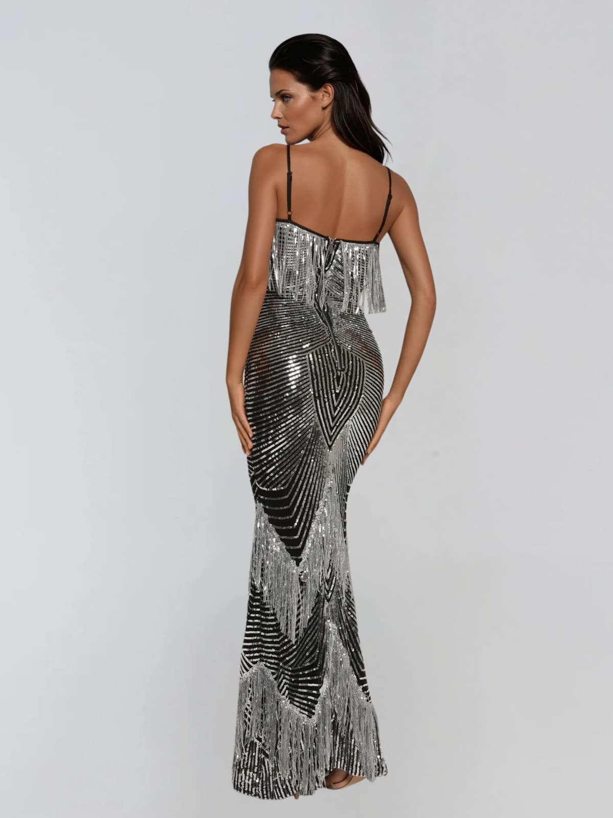 Mirabile Spaghetti Fringe Sequin Maxi Dress - Image 6