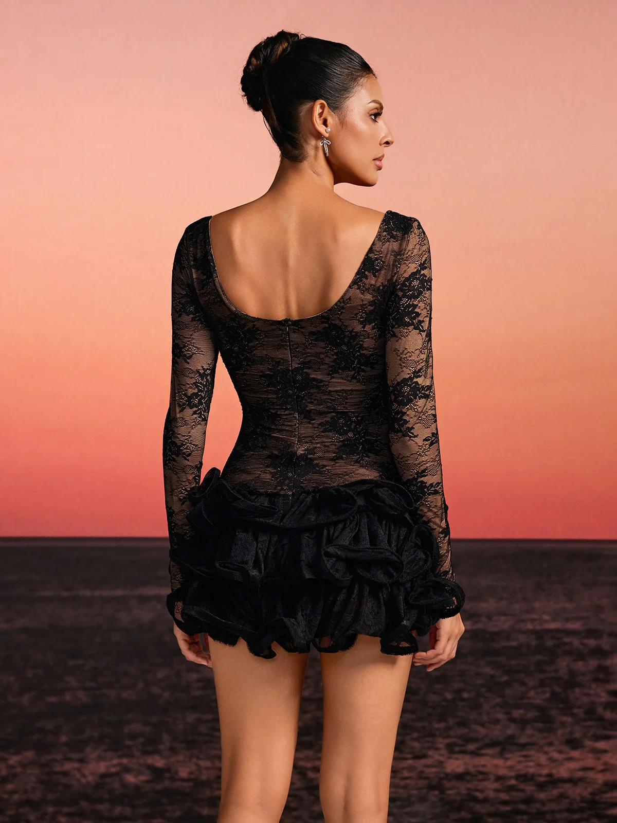 Norval Long Sleeve Lace Curl Mini Dress - Image 6