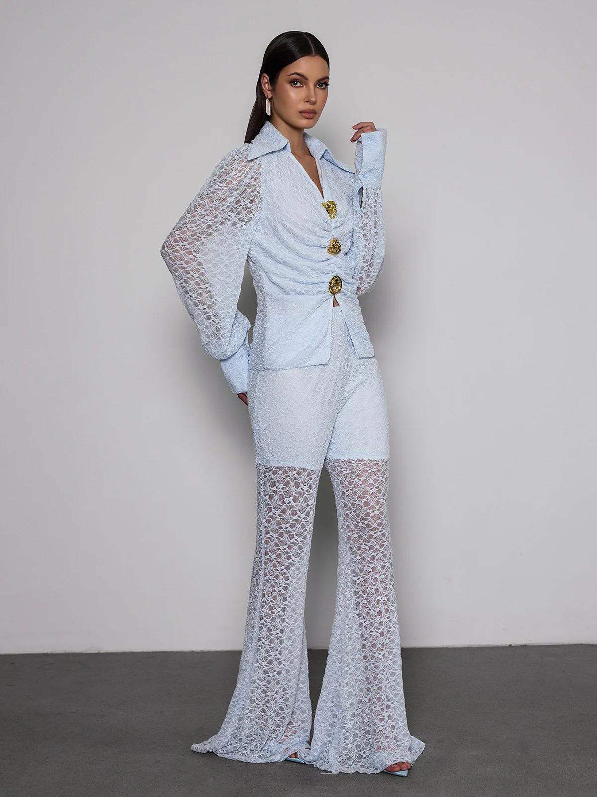 Noryxan Ruched Lace Flared Pants Set - Image 2
