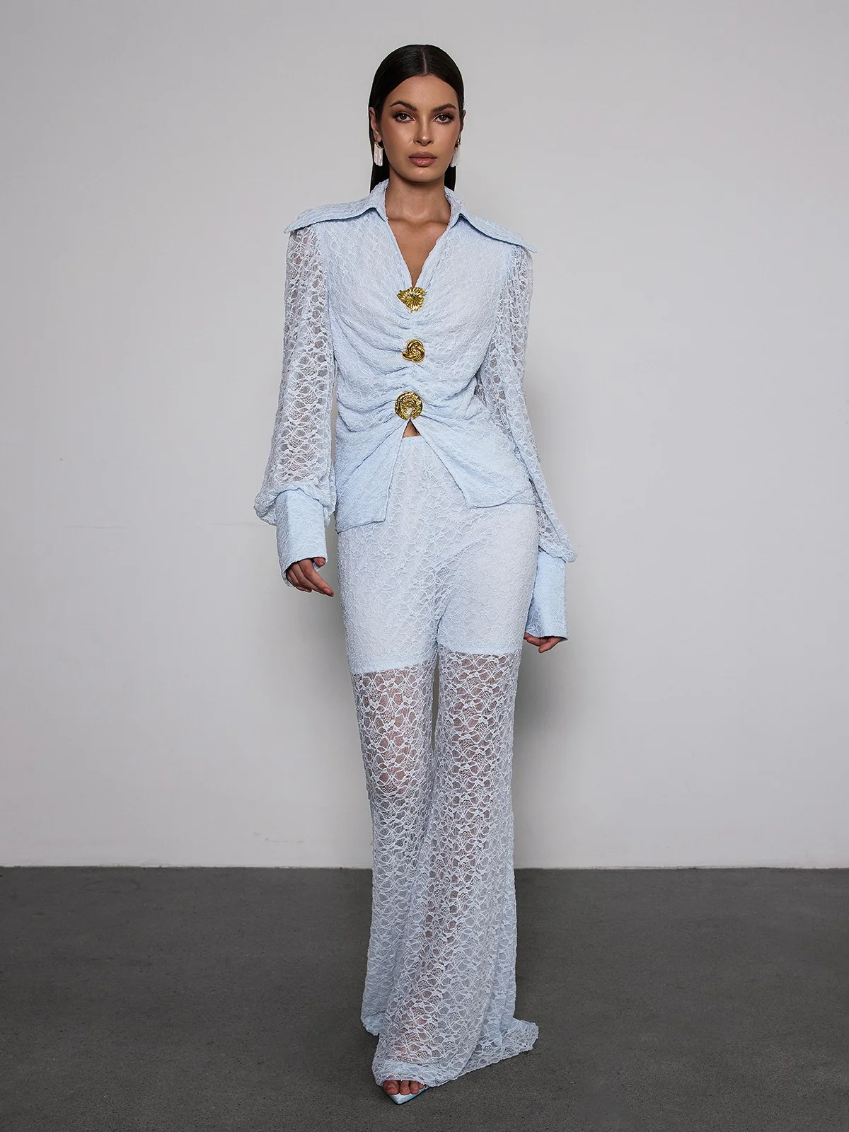 Noryxan Ruched Lace Flared Pants Set - Image 5