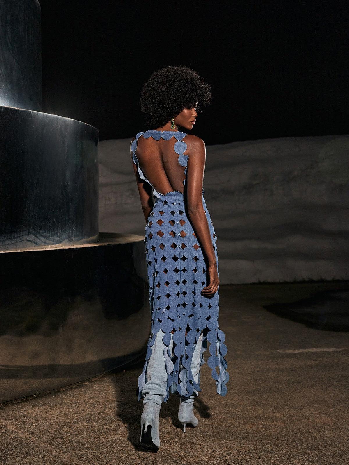 Nyx Circle Cutout Fringe Denim Maxi Dress - Image 4