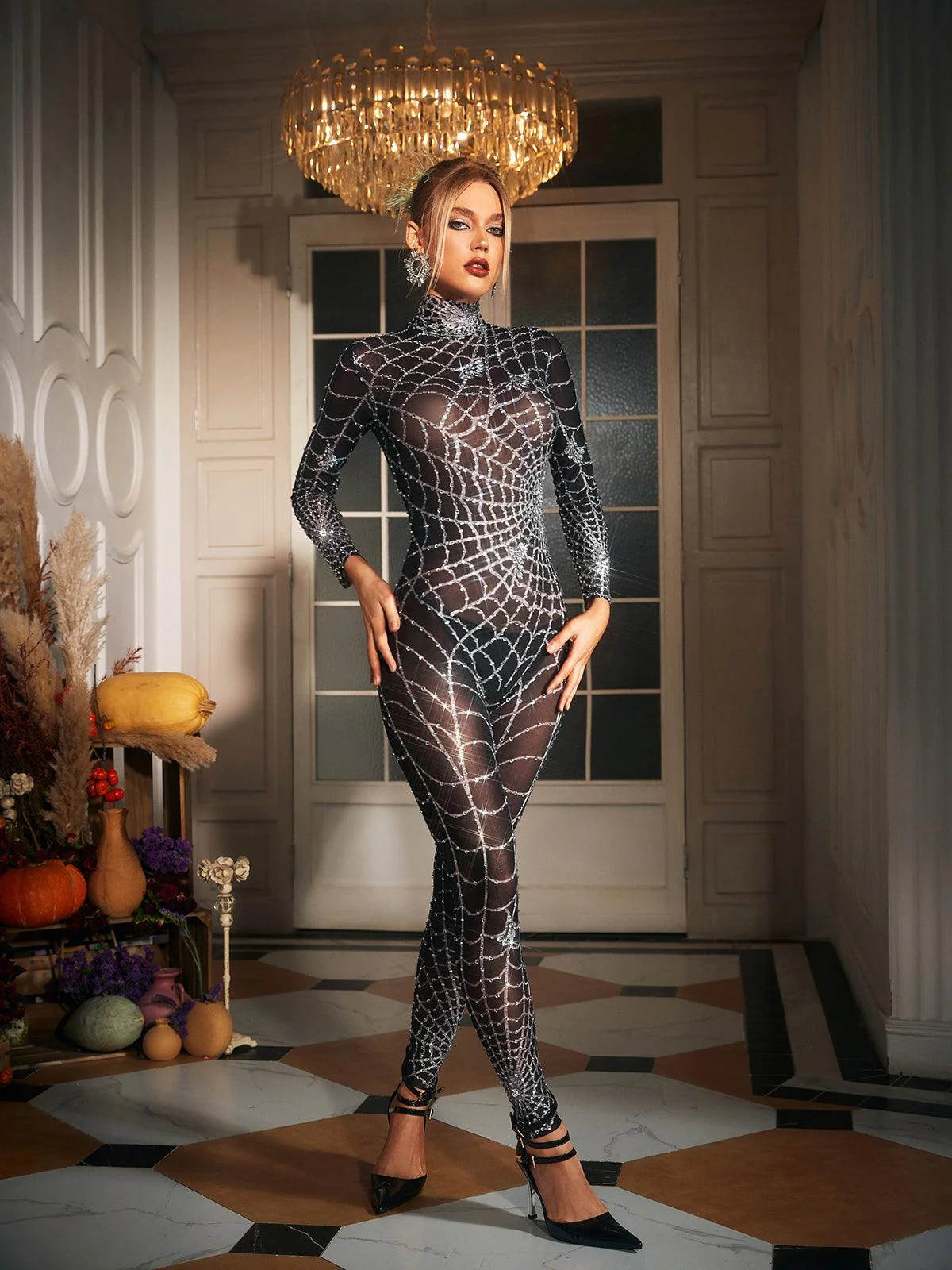 Octavia Cobweb Print Embellished Jumpsuit In Chocolate - Image 4
