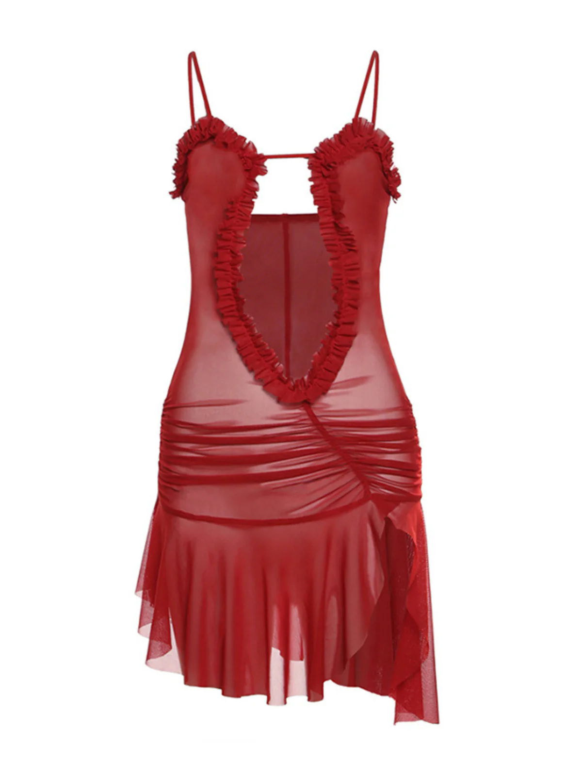 Olivier Ruched Printed Mesh Dress In Red - Image 7
