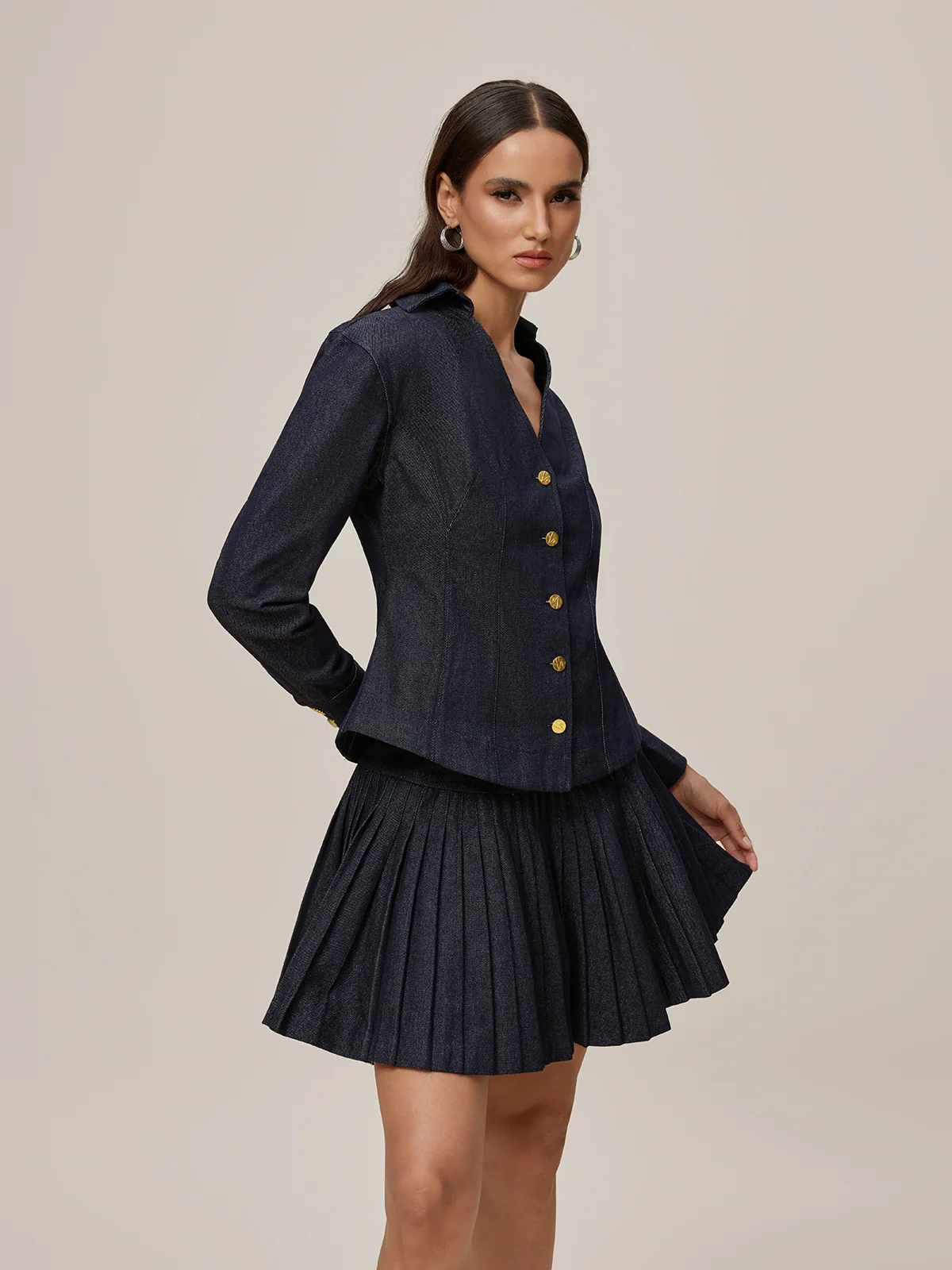 Onaedo V Neck Pleated Denim Skirt Set - Image 2