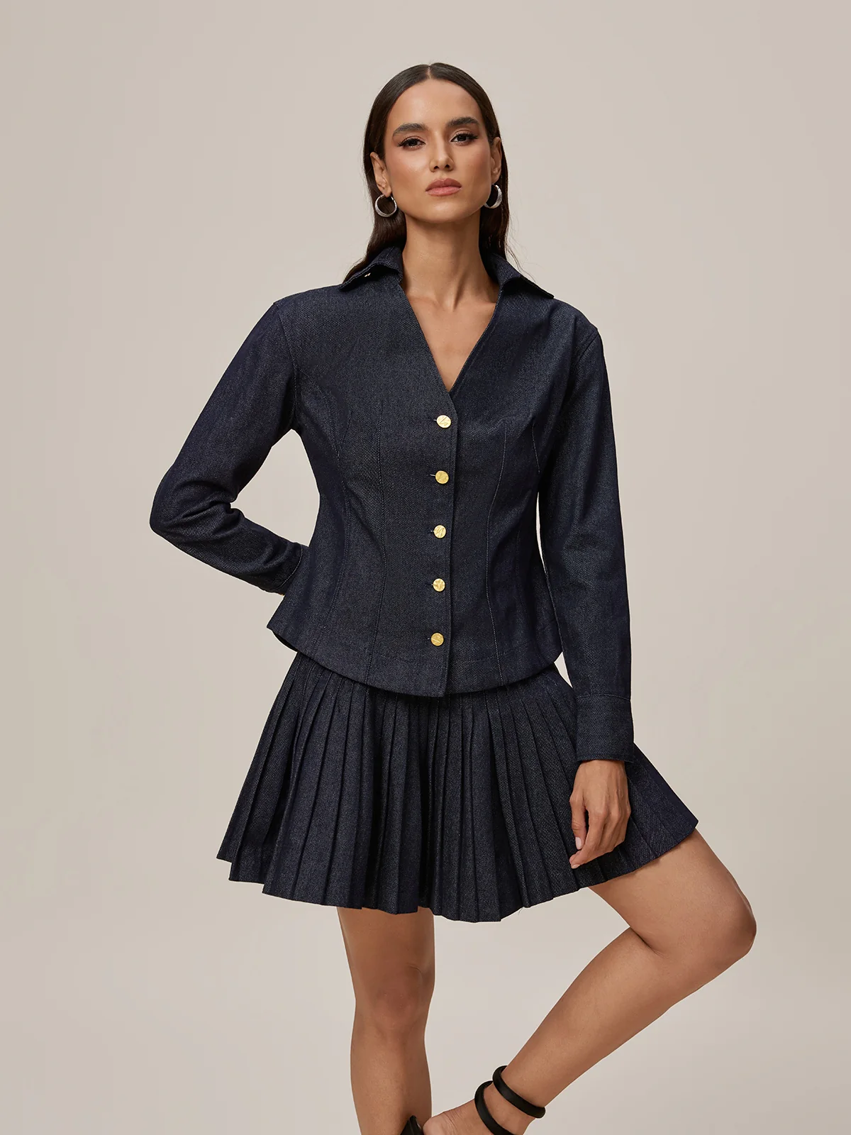 Onaedo V Neck Pleated Denim Skirt Set - Image 3