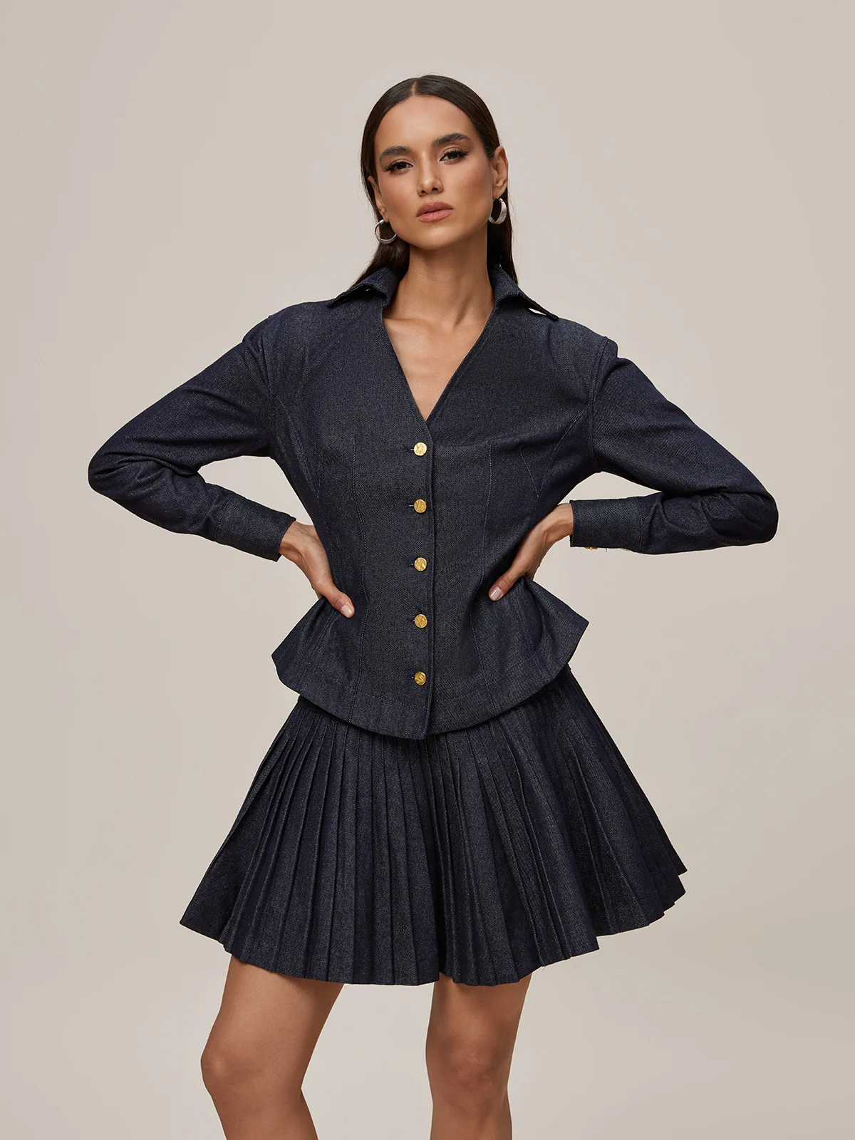 Onaedo V Neck Pleated Denim Skirt Set - Image 4