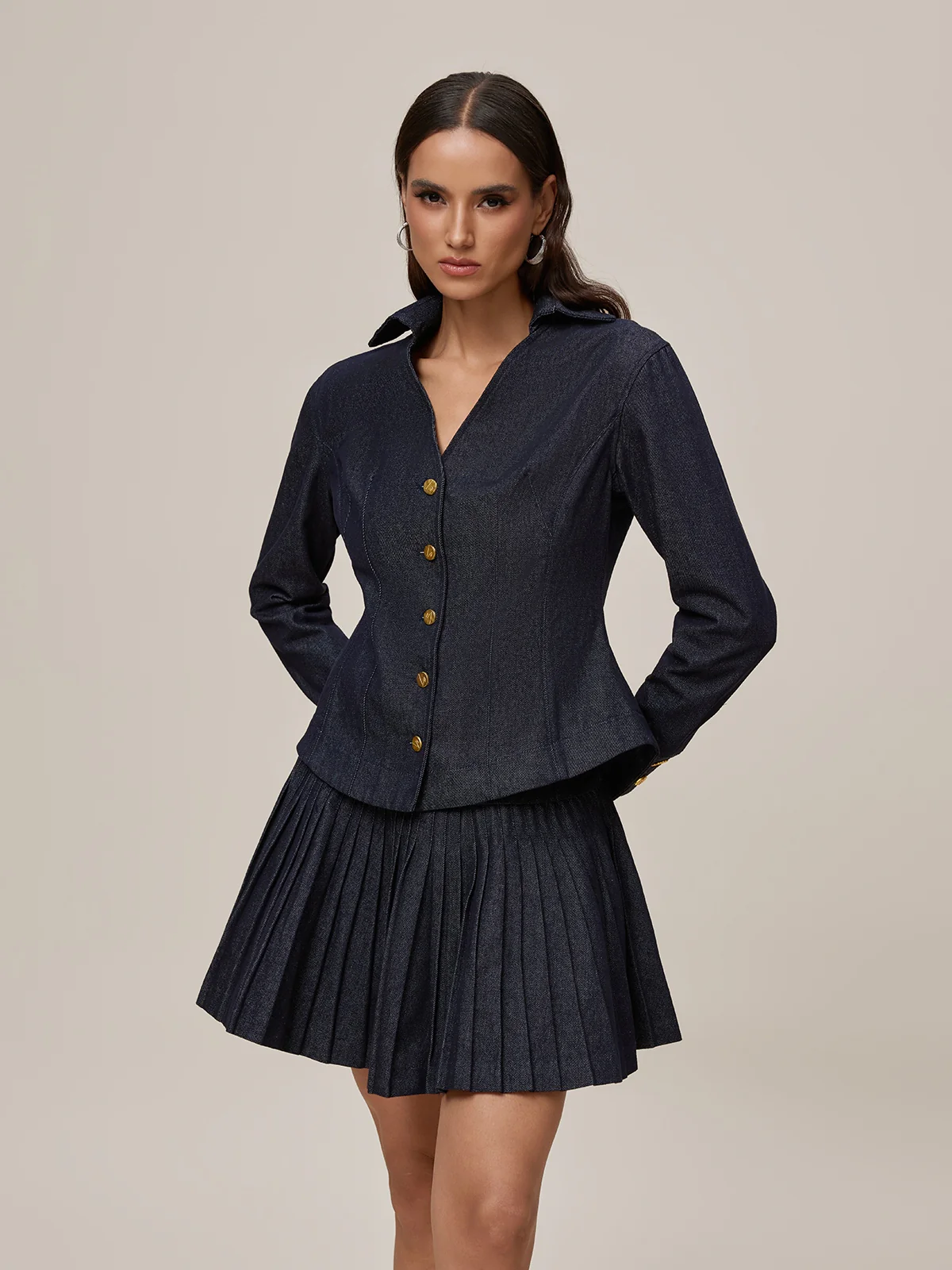 Onaedo V Neck Pleated Denim Skirt Set - Image 5