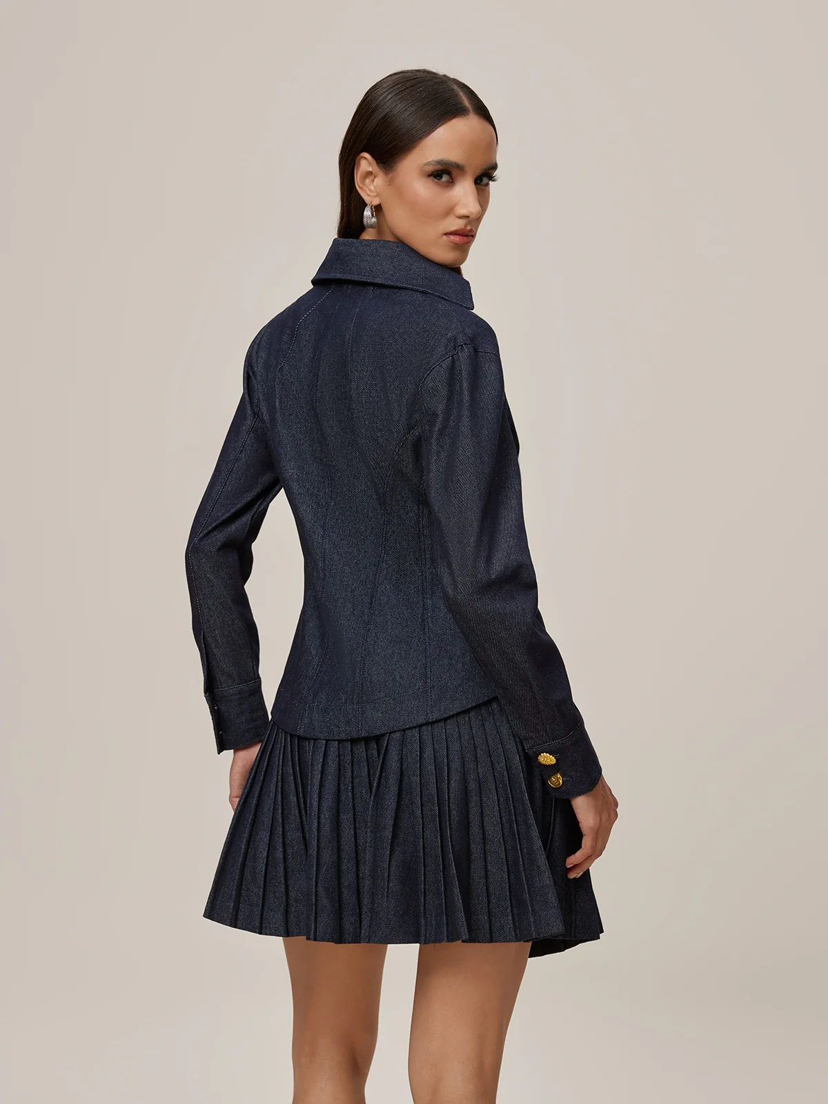 Onaedo V Neck Pleated Denim Skirt Set - Image 6