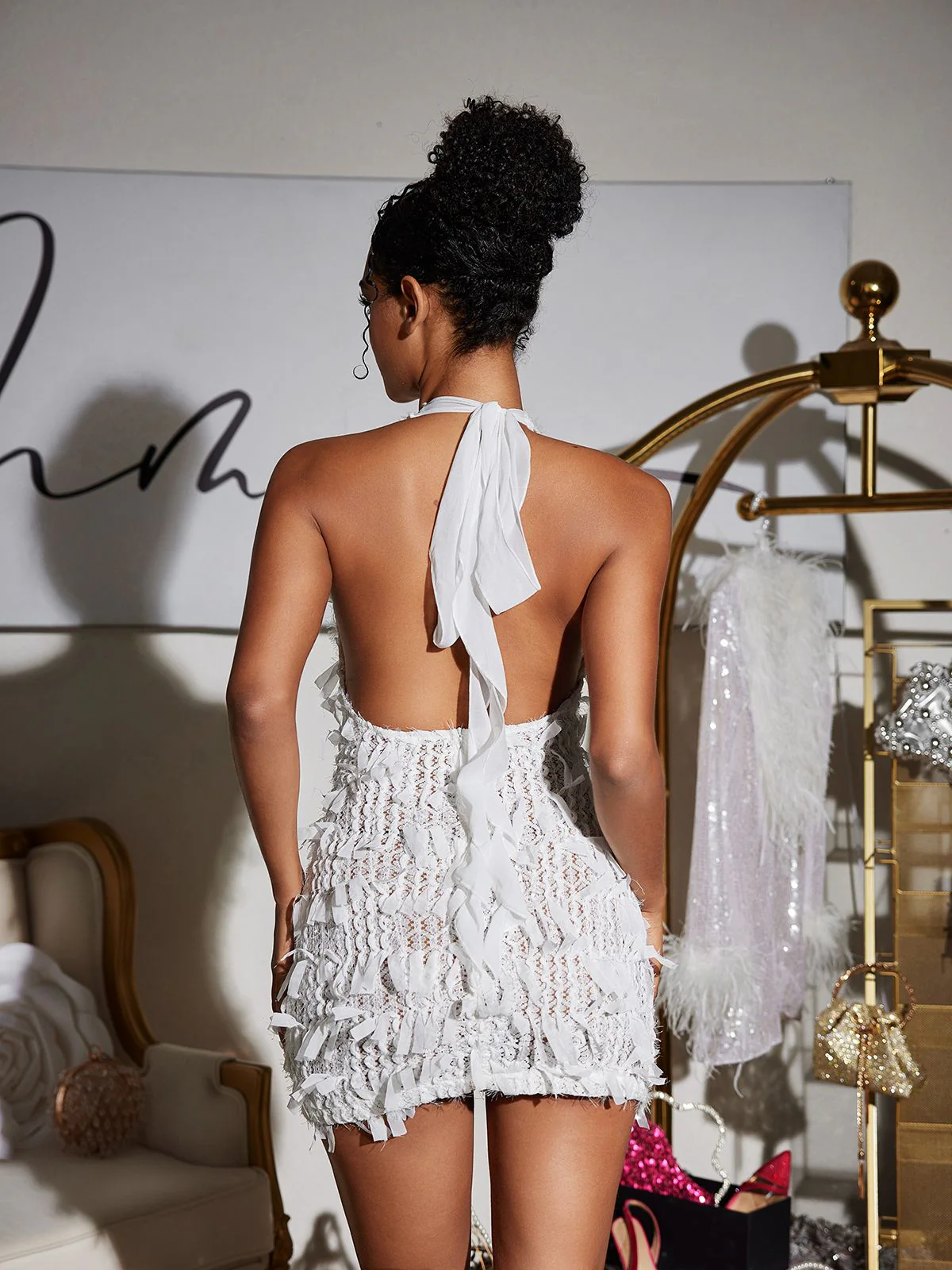 Osanya Plunge Neck Fringe Mini Dress - Image 6