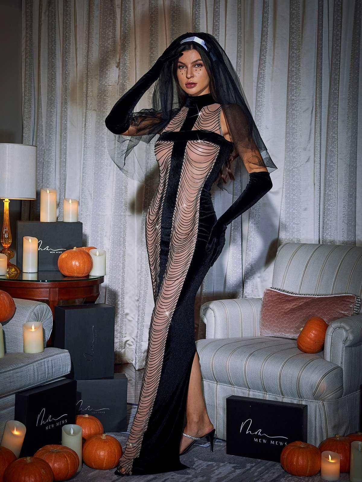 Pablo High Neck Chain Fringe Maxi Dress With Gloves In Black - Image 2
