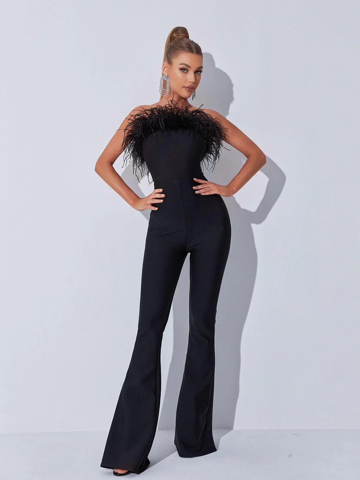 Padma Bandeau Feather Bandage Jumpsuit In Black - Image 3