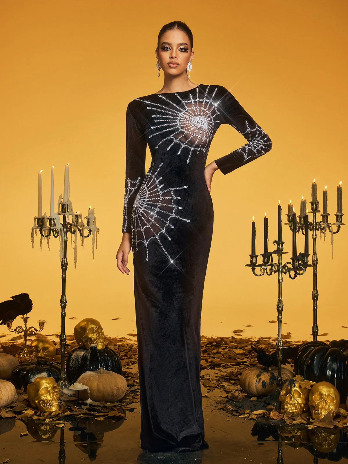 Pancho Long Sleeve Cobweb Velvet Maxi Dress