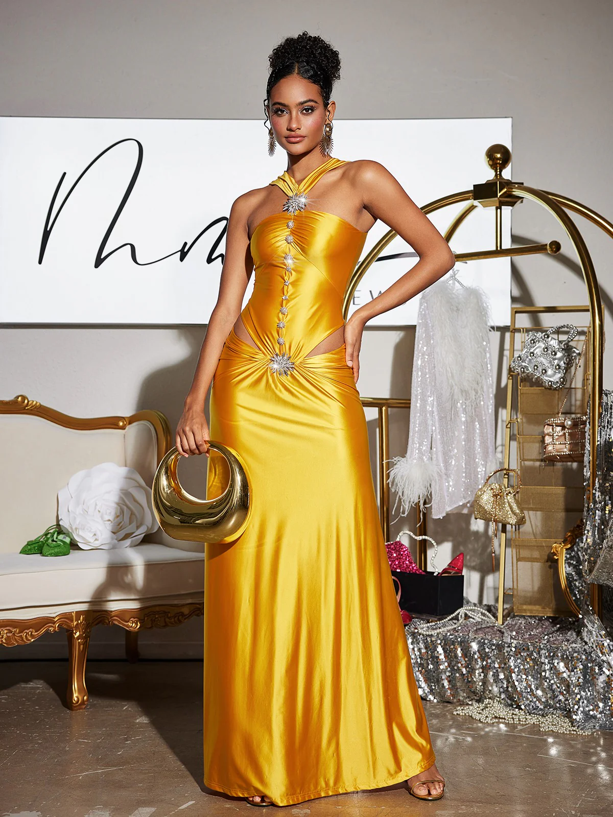 Panya Crystal Cutout Satin Maxi Dress - Image 4