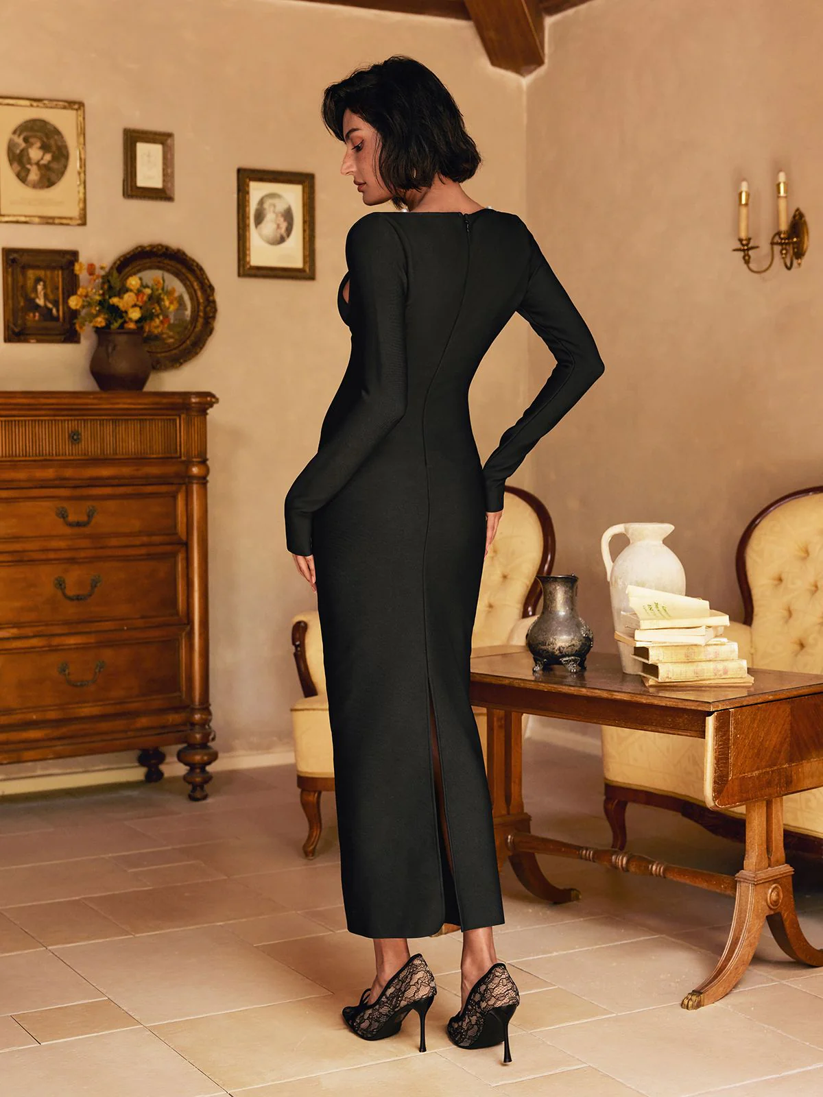 Patricia Long Sleeve Pearl Bandage Midi Dress - Image 6