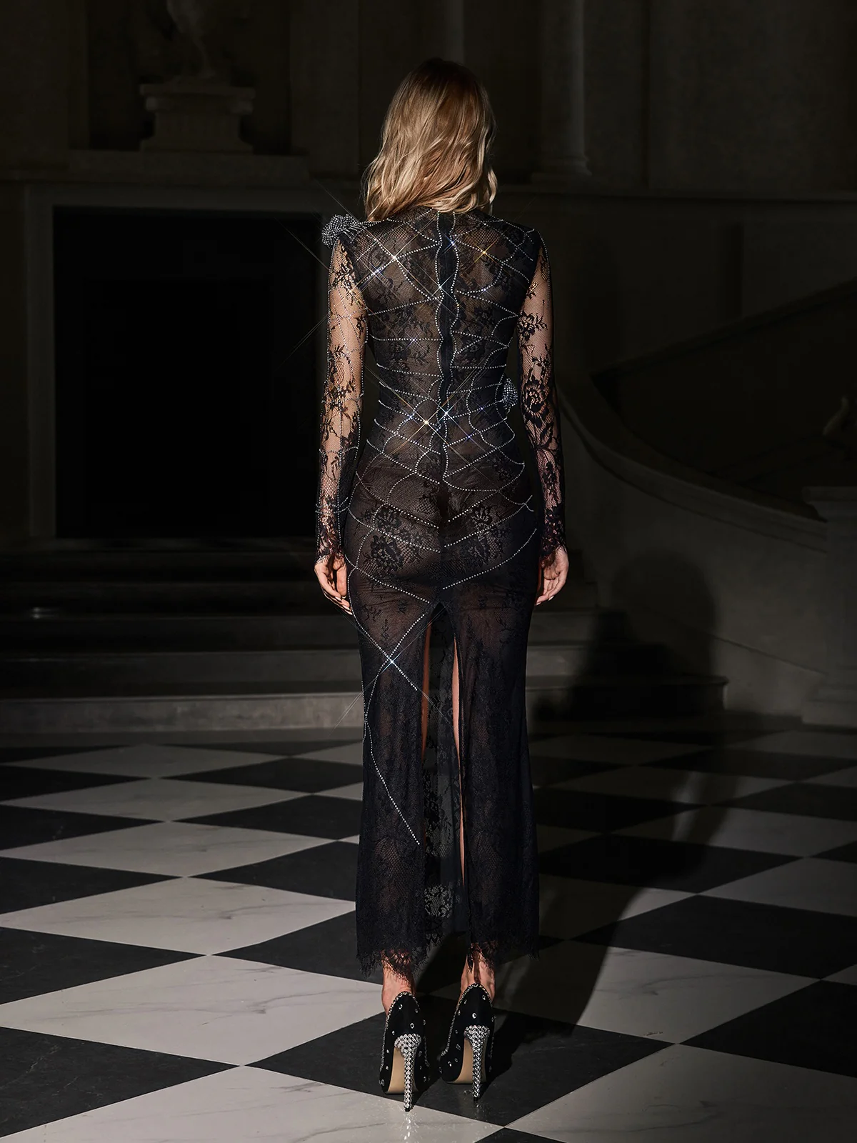 Pexmir Rhinestone Cobweb Split Maxi Dress - Image 6