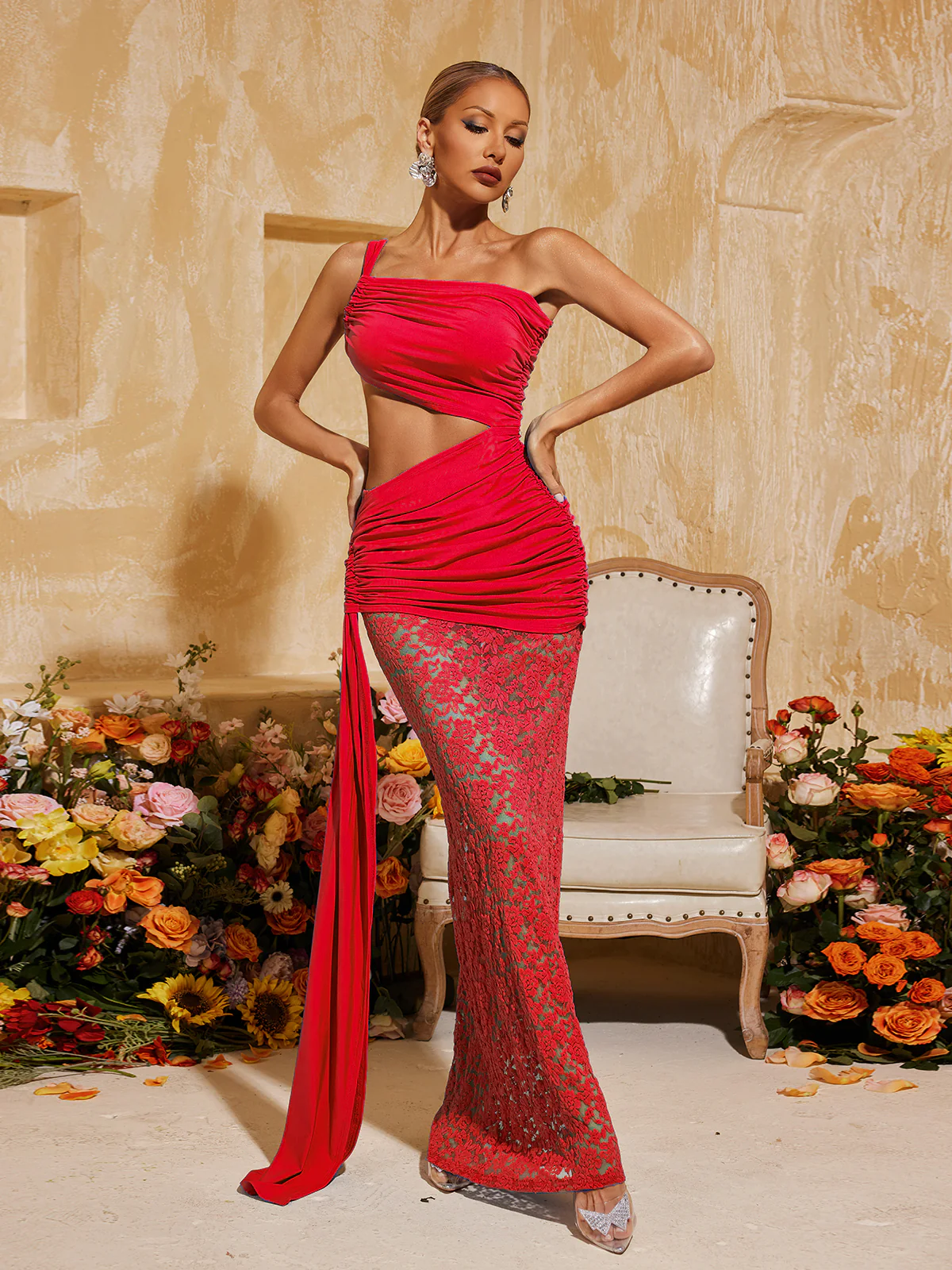 Phelia Cutout Lace Draped Maxi Dress In Red - Image 5
