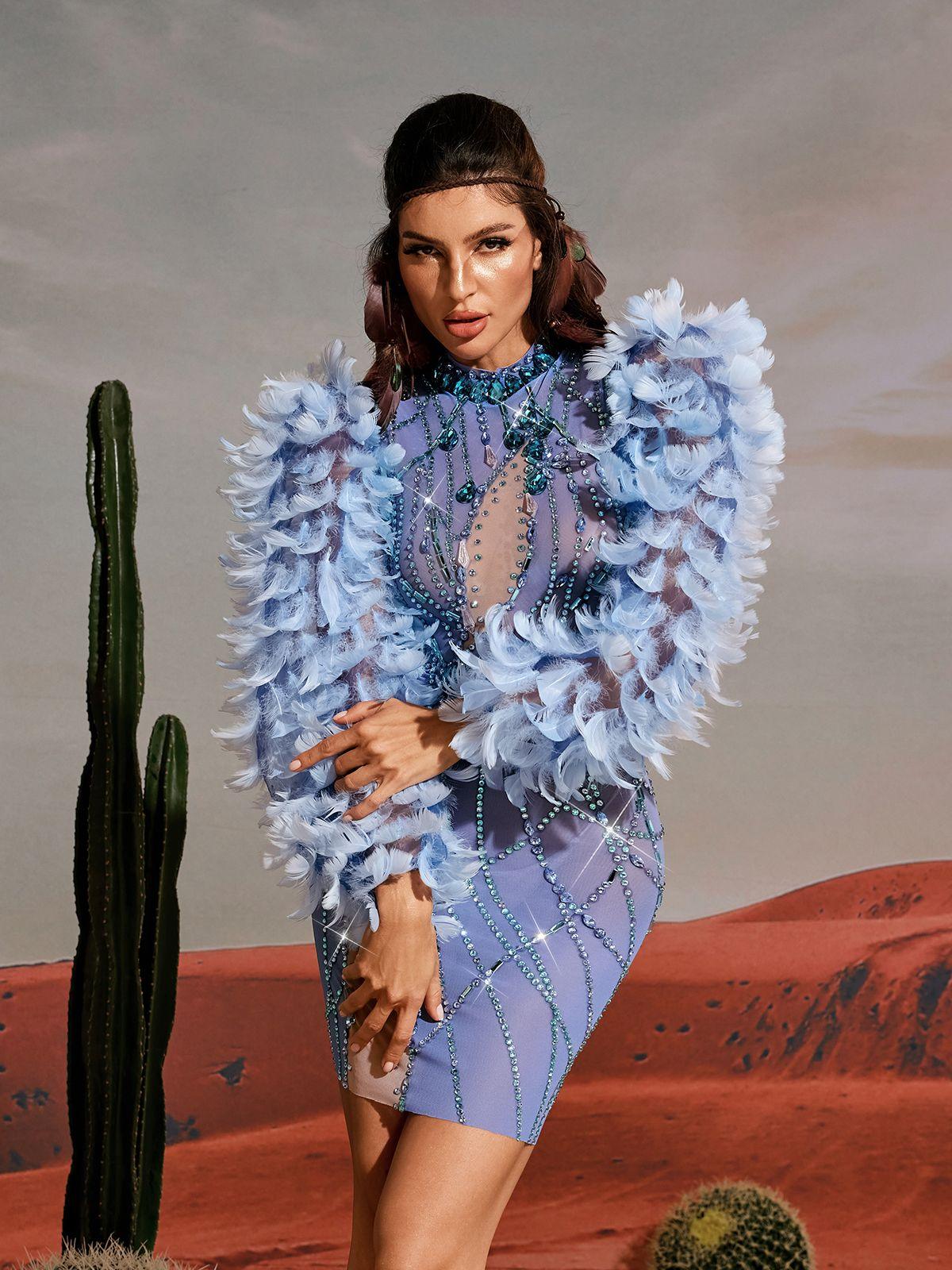 Platon Long Sleeve Feather Embellished Mini Dress - Image 2