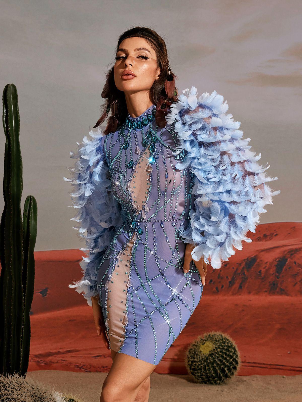 Platon Long Sleeve Feather Embellished Mini Dress - Image 3