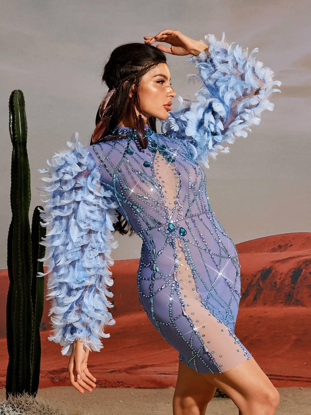 Platon Long Sleeve Feather Embellished Mini Dress - Image 5