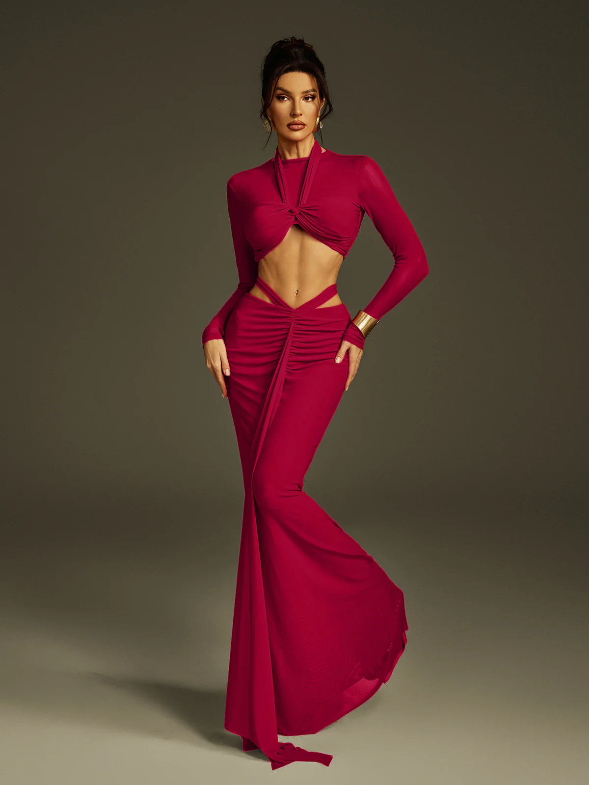 Pryssa Long Sleeve Ruched Draped Skirt Set - Image 2